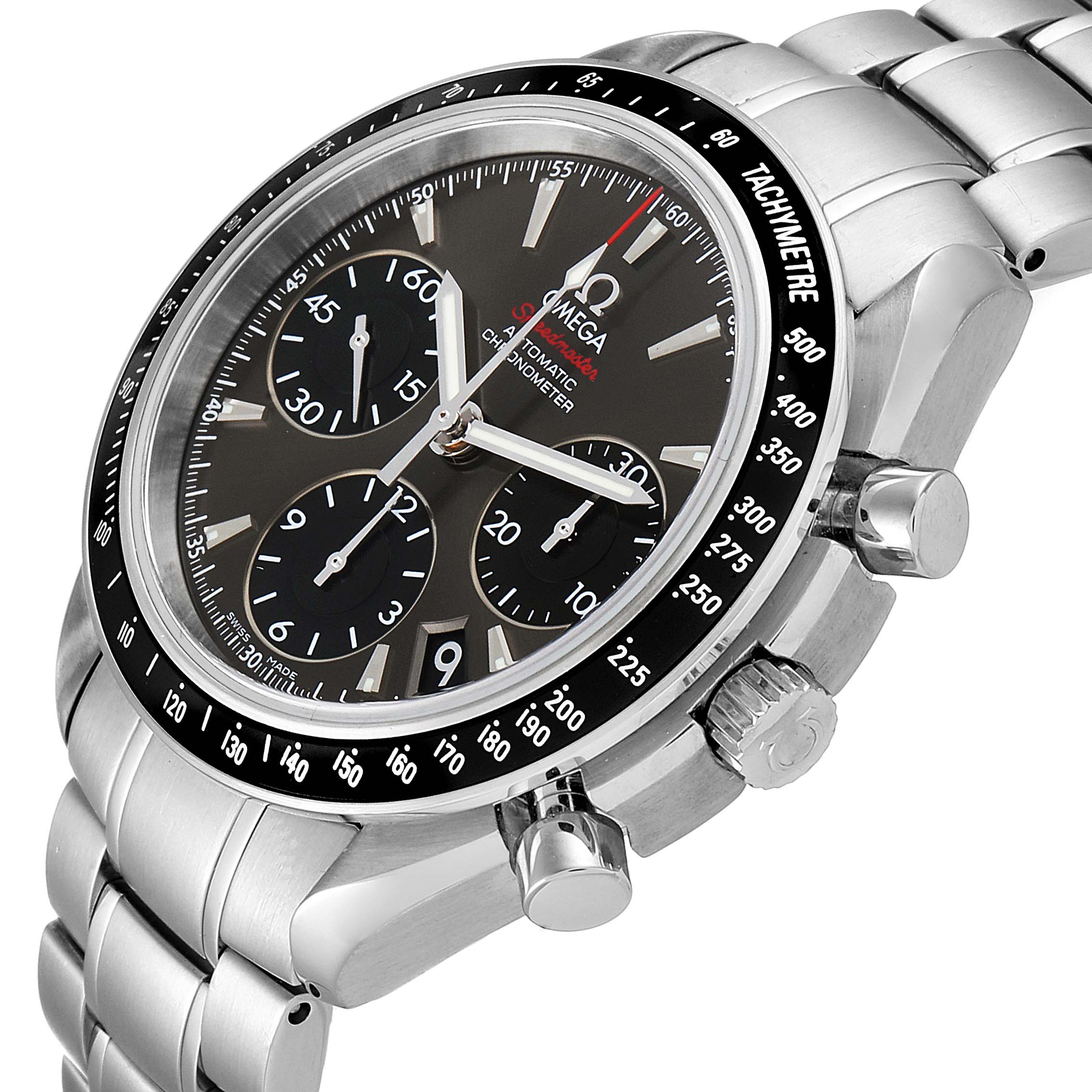 This image shows an angled view of the Omega Speedmaster 323.30.40.40.06.001 Men's Stainless Steel Grey Dial 323.30.40.40.06.001 Men's Stainless Steel Grey Dial watch, highlighting the dial, tachymeter bezel, push-buttons, and stainless steel bracelet.