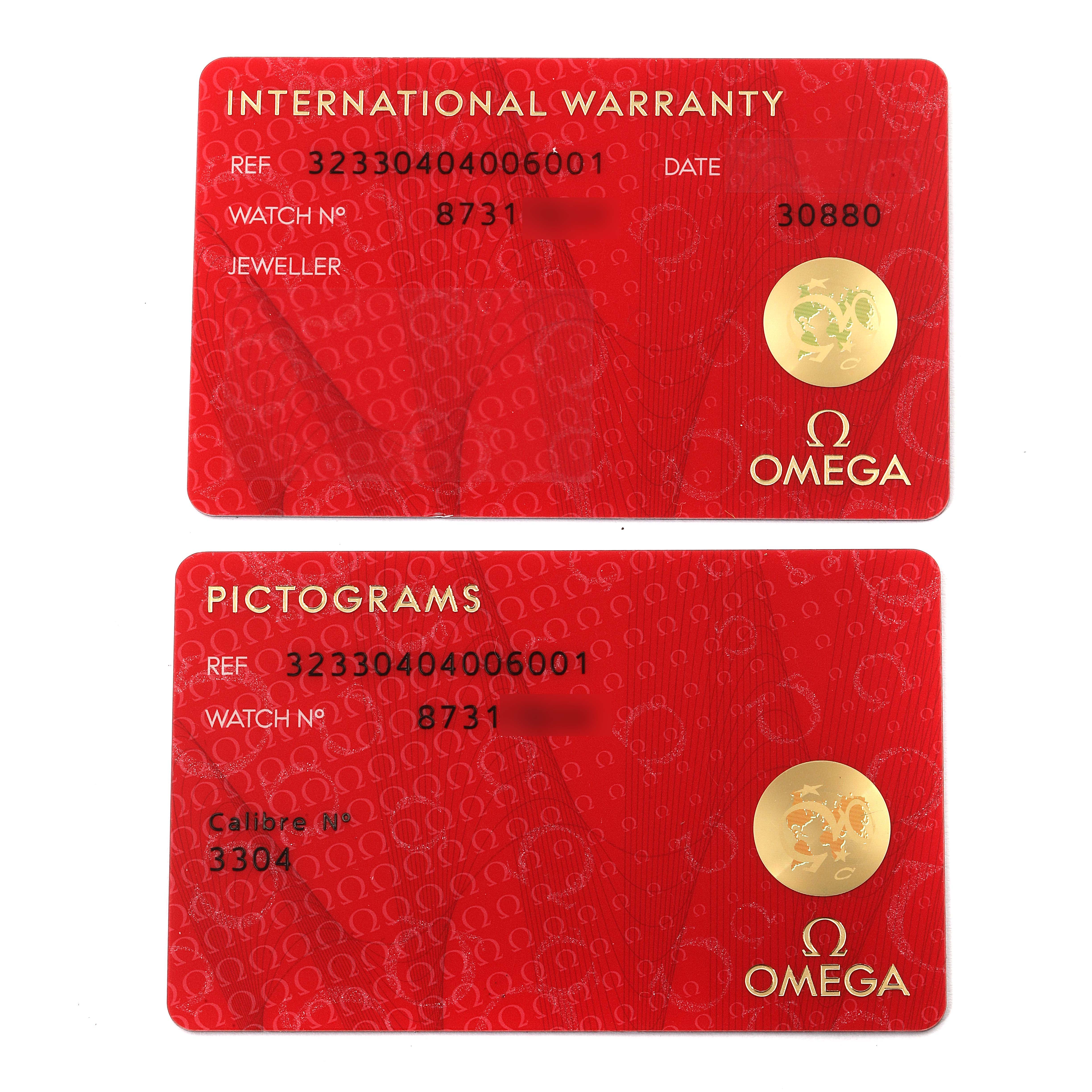 The image shows the International Warranty and Pictograms cards for the Omega Speedmaster 323.30.40.40.06.001 Men's Stainless Steel Grey Dial 323.30.40.40.06.001 Men's Stainless Steel Grey Dial watch model.
