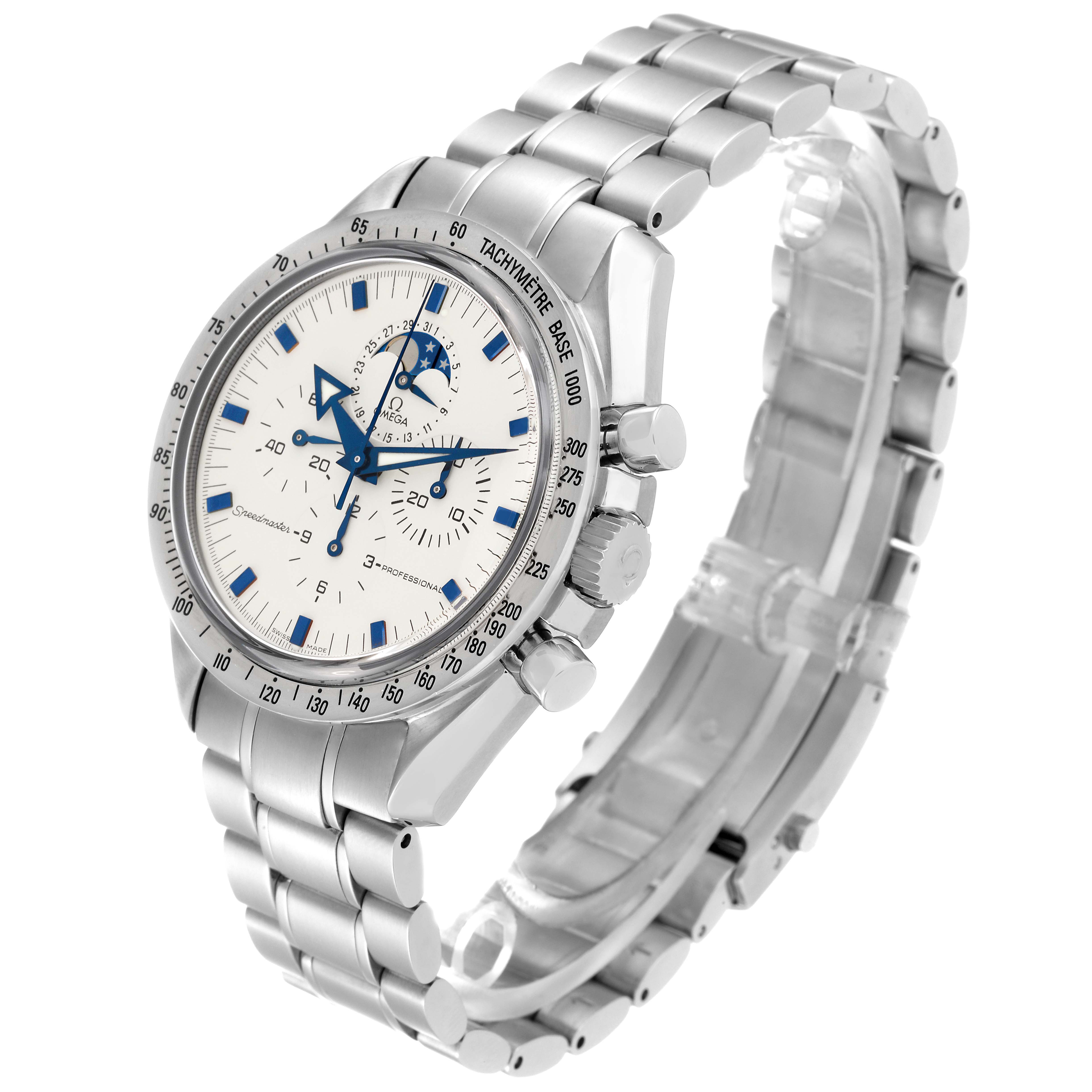 The Omega Speedmaster 3575.20.00 Men's Stainless Steel White Dial 3575.20.00 Men's Stainless Steel White Dial watch is shown at a three-quarter angle, displaying the face, chronograph buttons, and bracelet.