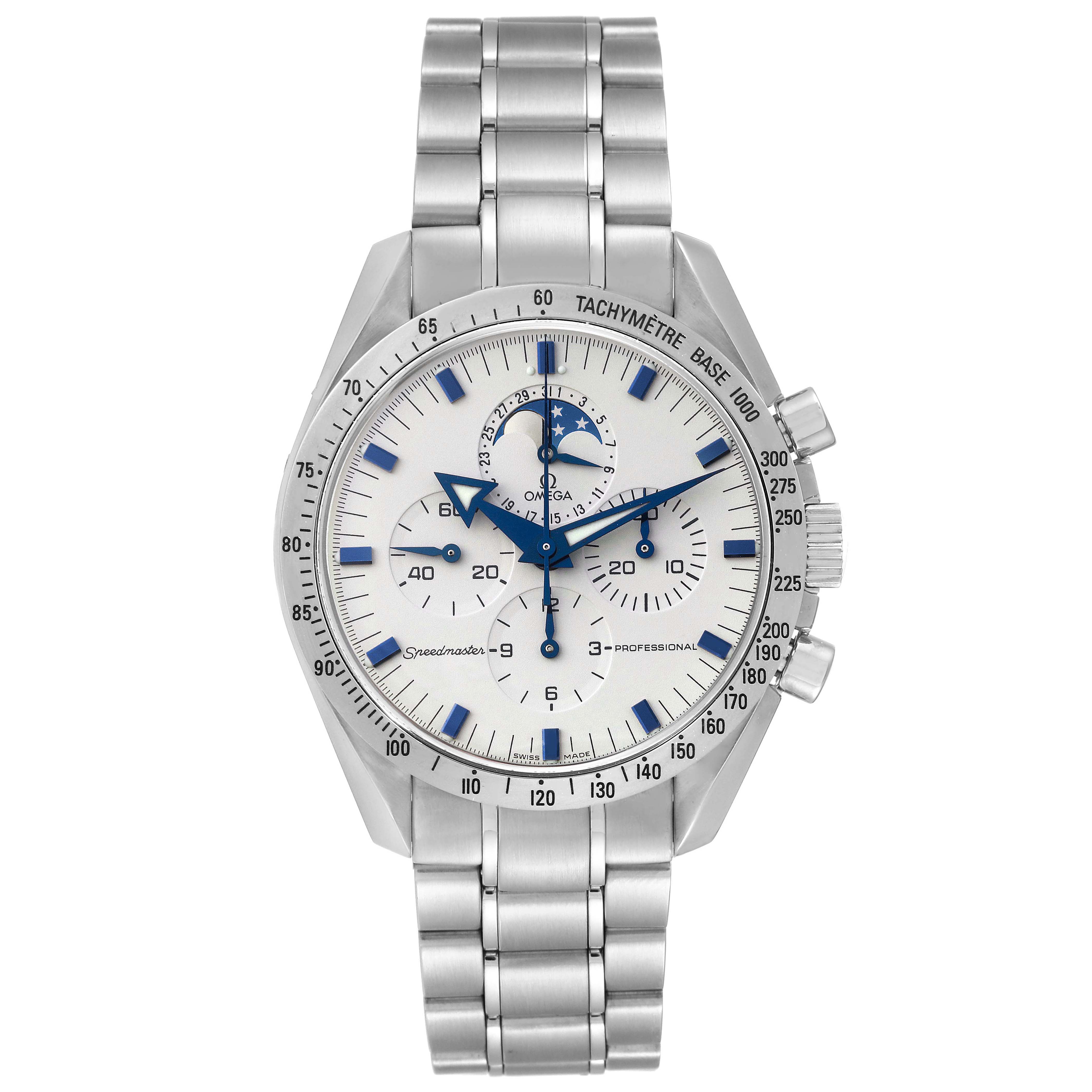 The image shows a front view of an Omega Speedmaster 3575.20.00 Men's Stainless Steel White Dial 3575.20.00 Men's Stainless Steel White Dial watch, displaying the dial, tachymetre bezel, and metal bracelet.