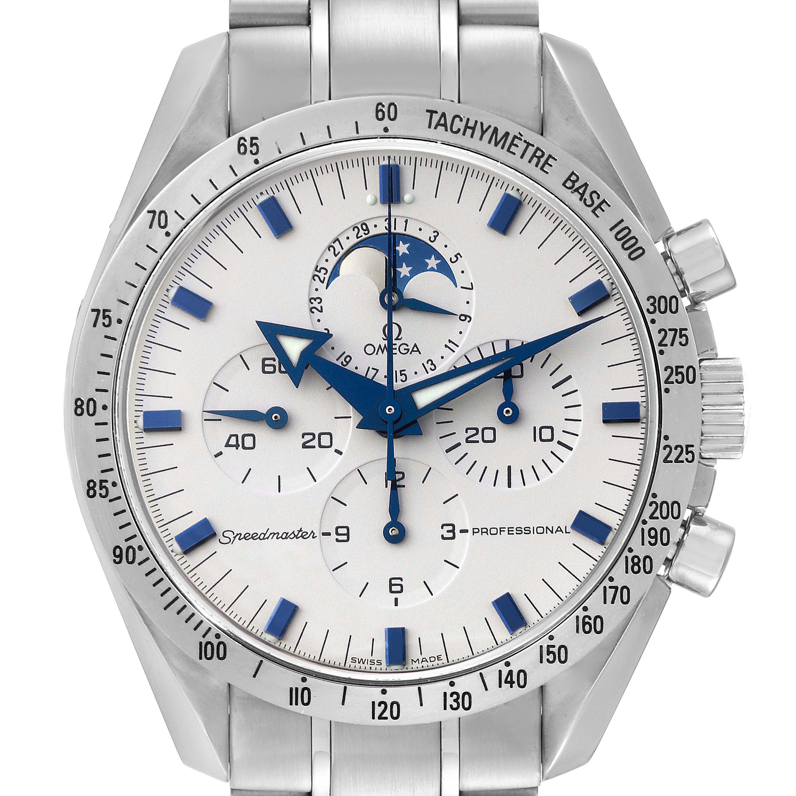 This image shows a front view of the Omega Speedmaster 3575.20.00 Men's Stainless Steel White Dial 3575.20.00 Men's Stainless Steel White Dial watch, highlighting its face, subdials, and tachymeter bezel.