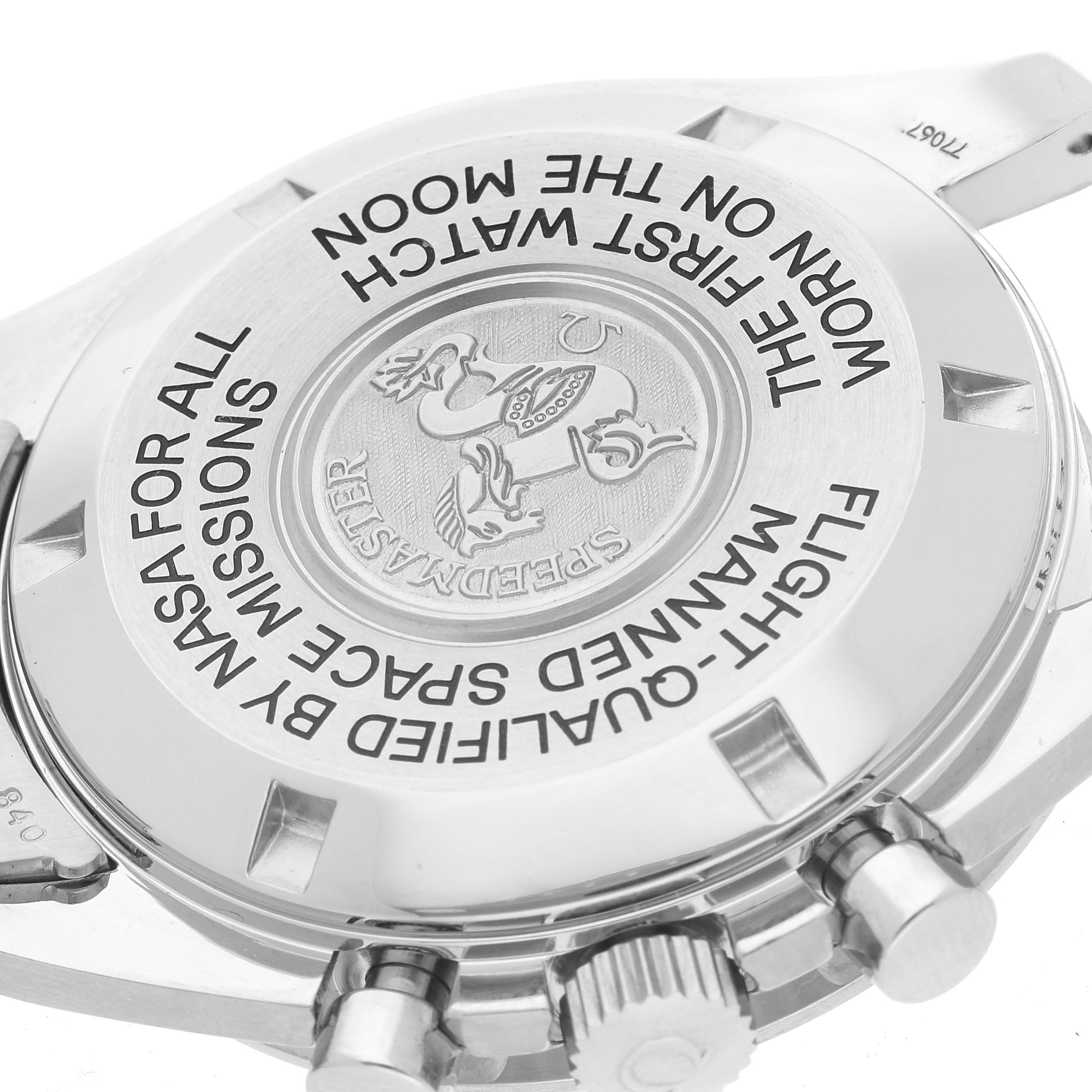 The image shows the back casing and side buttons of the Omega Speedmaster 3575.20.00 Men's Stainless Steel White Dial 3575.20.00 Men's Stainless Steel White Dial watch at an angle.