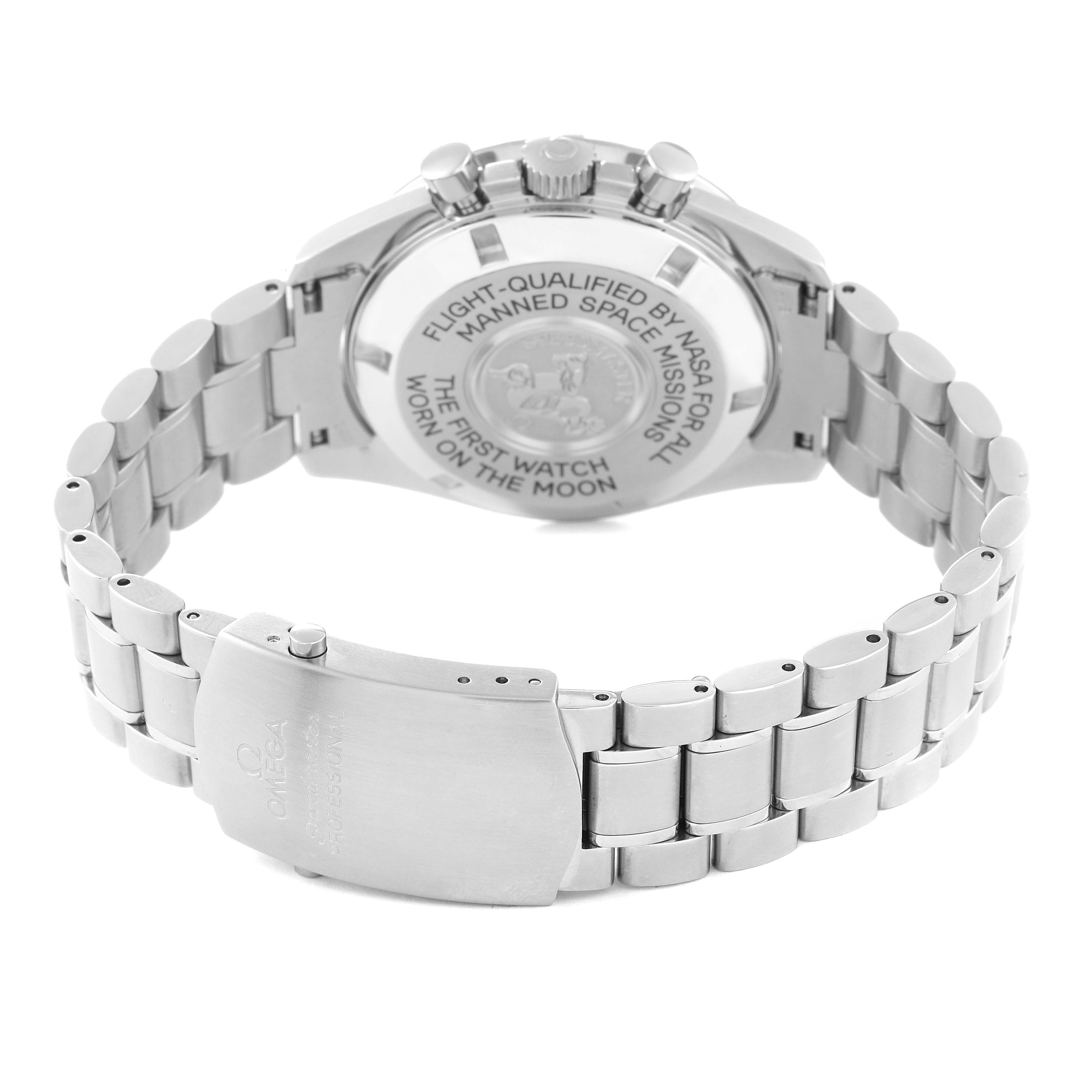 This image shows the back case and bracelet of the Omega Speedmaster 3575.20.00 Men's Stainless Steel White Dial 3575.20.00 Men's Stainless Steel White Dial watch, highlighting its engraved case back and clasp.