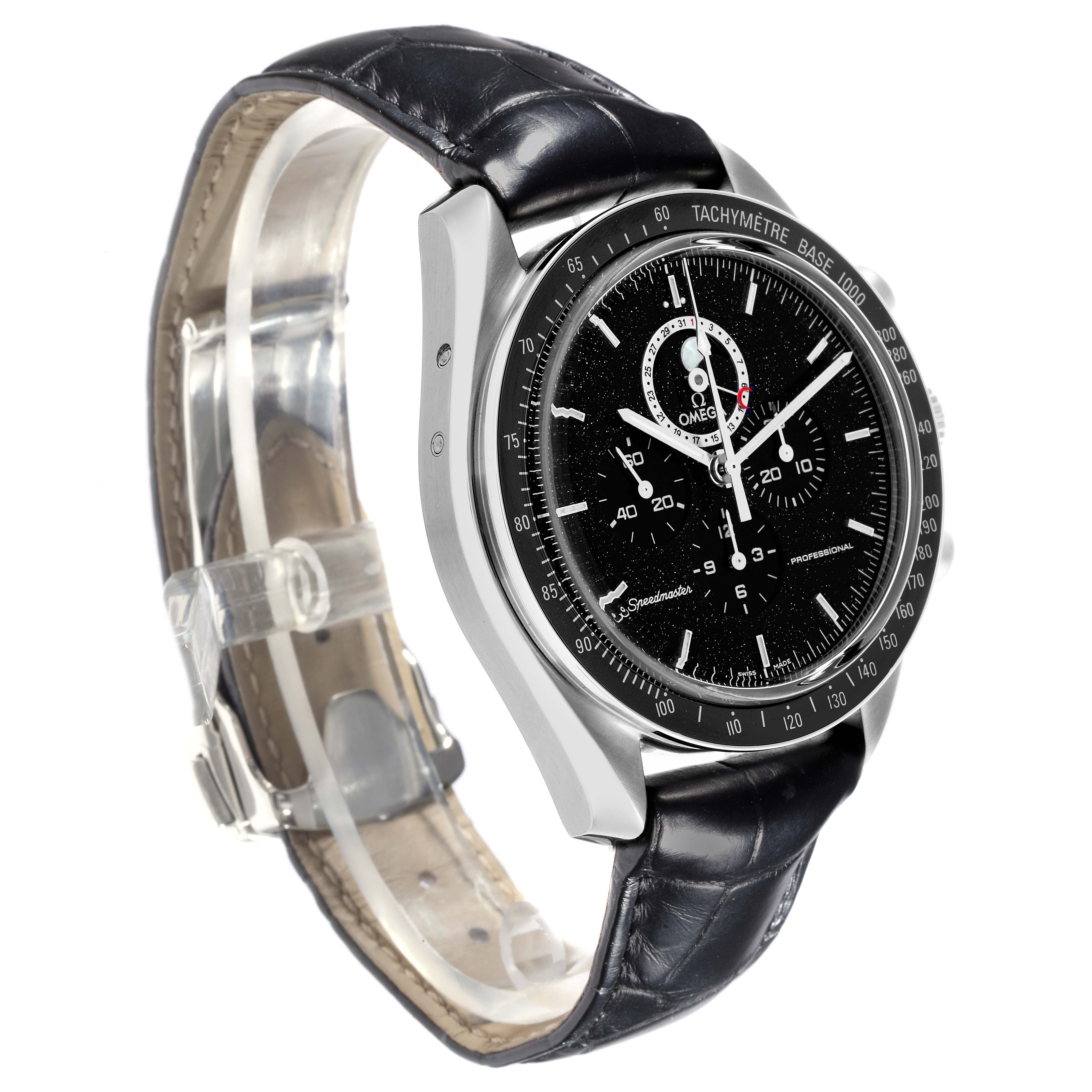 The Omega Speedmaster 311.33.44.32.01.001 Men's Stainless Steel Black Dial 311.33.44.32.01.001 Men's Stainless Steel Black Dial watch is shown at a side angle, displaying the face, bezel, and leather strap.