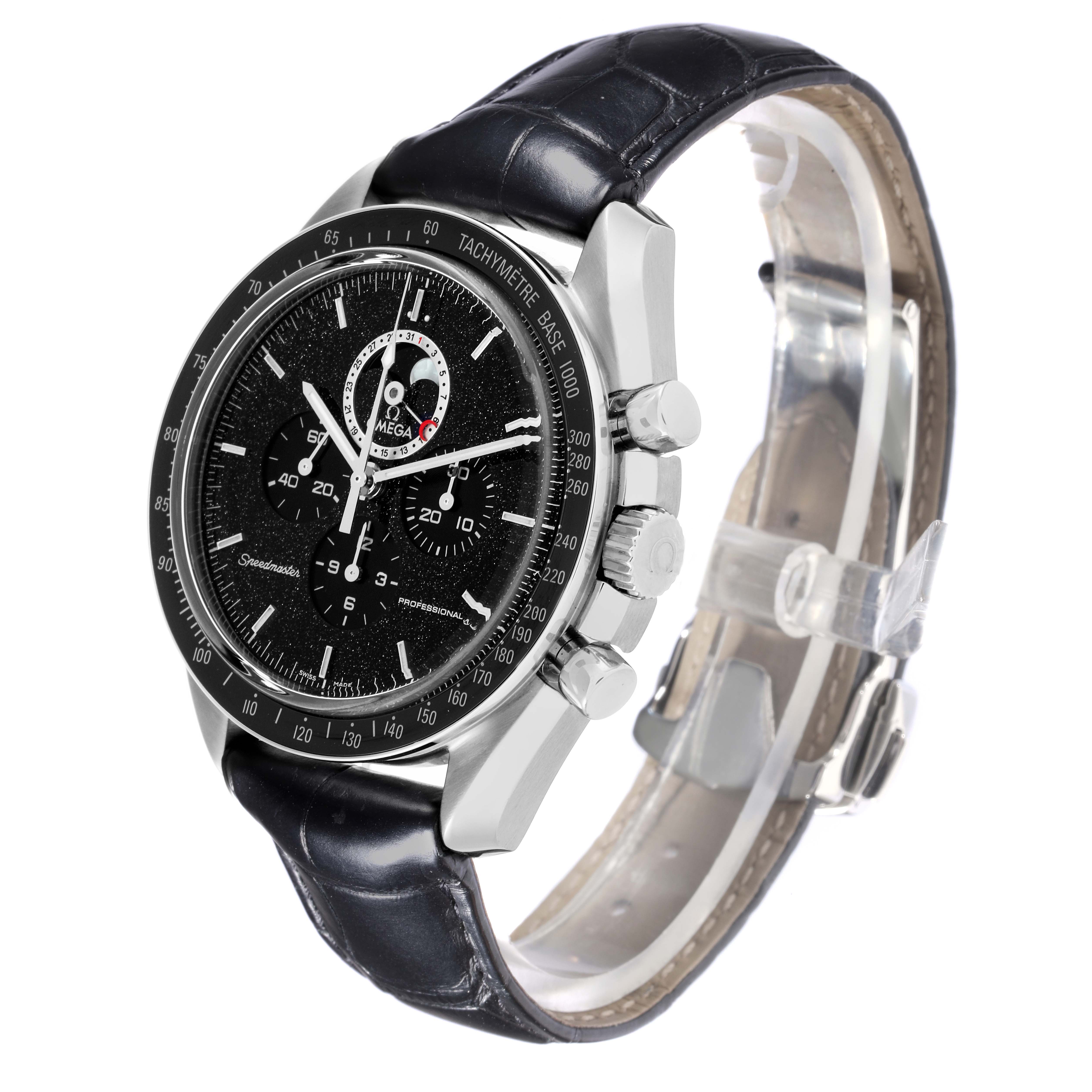 The Omega Speedmaster 311.33.44.32.01.001 Men's Stainless Steel Black Dial 311.33.44.32.01.001 Men's Stainless Steel Black Dial watch is shown at a 3/4 angle displaying the face, bezel, case, crown, pushers, and leather strap.