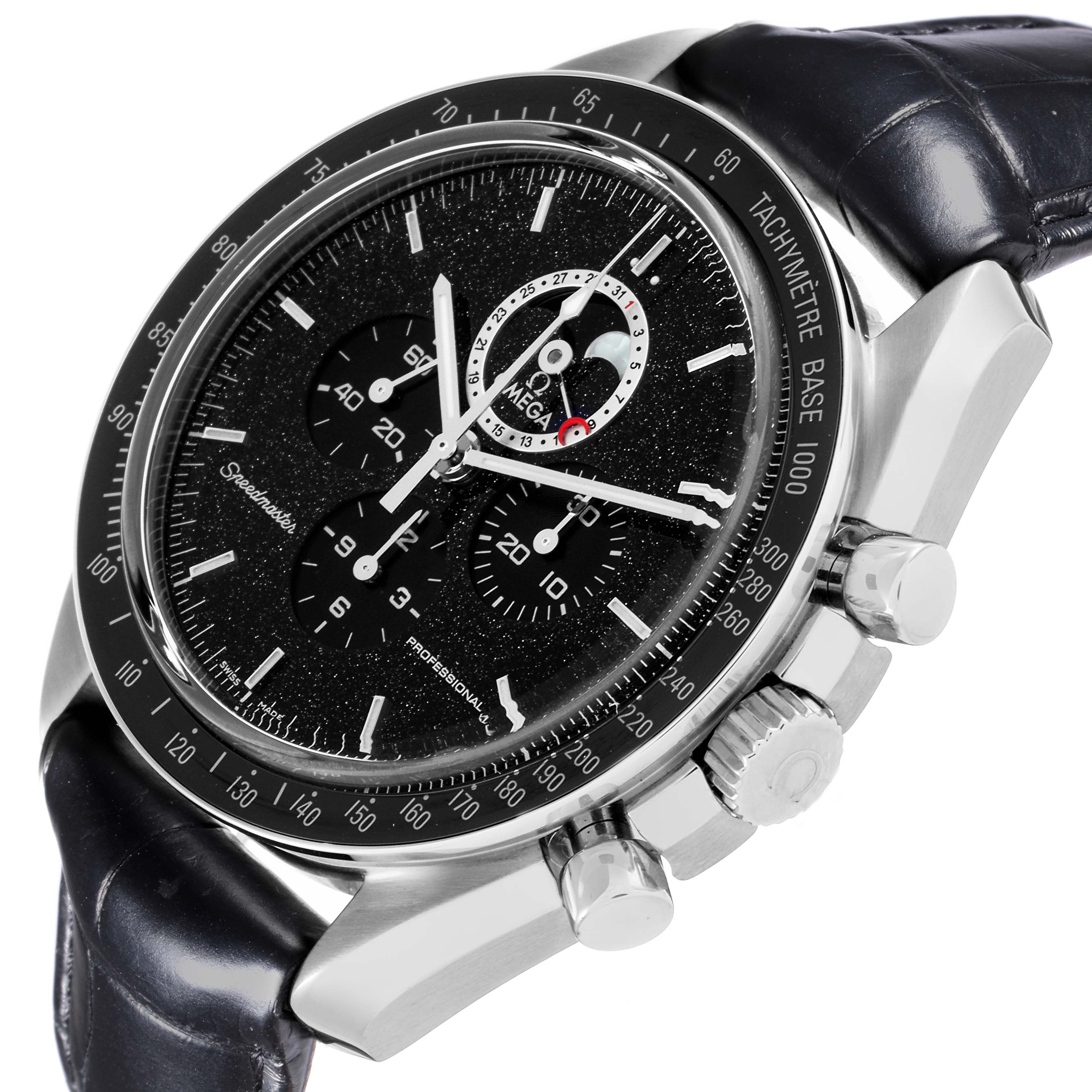 The Omega Speedmaster 311.33.44.32.01.001 Men's Stainless Steel Black Dial 311.33.44.32.01.001 Men's Stainless Steel Black Dial watch is shown at an angled side view, highlighting the dial, tachymeter bezel, and pushers.