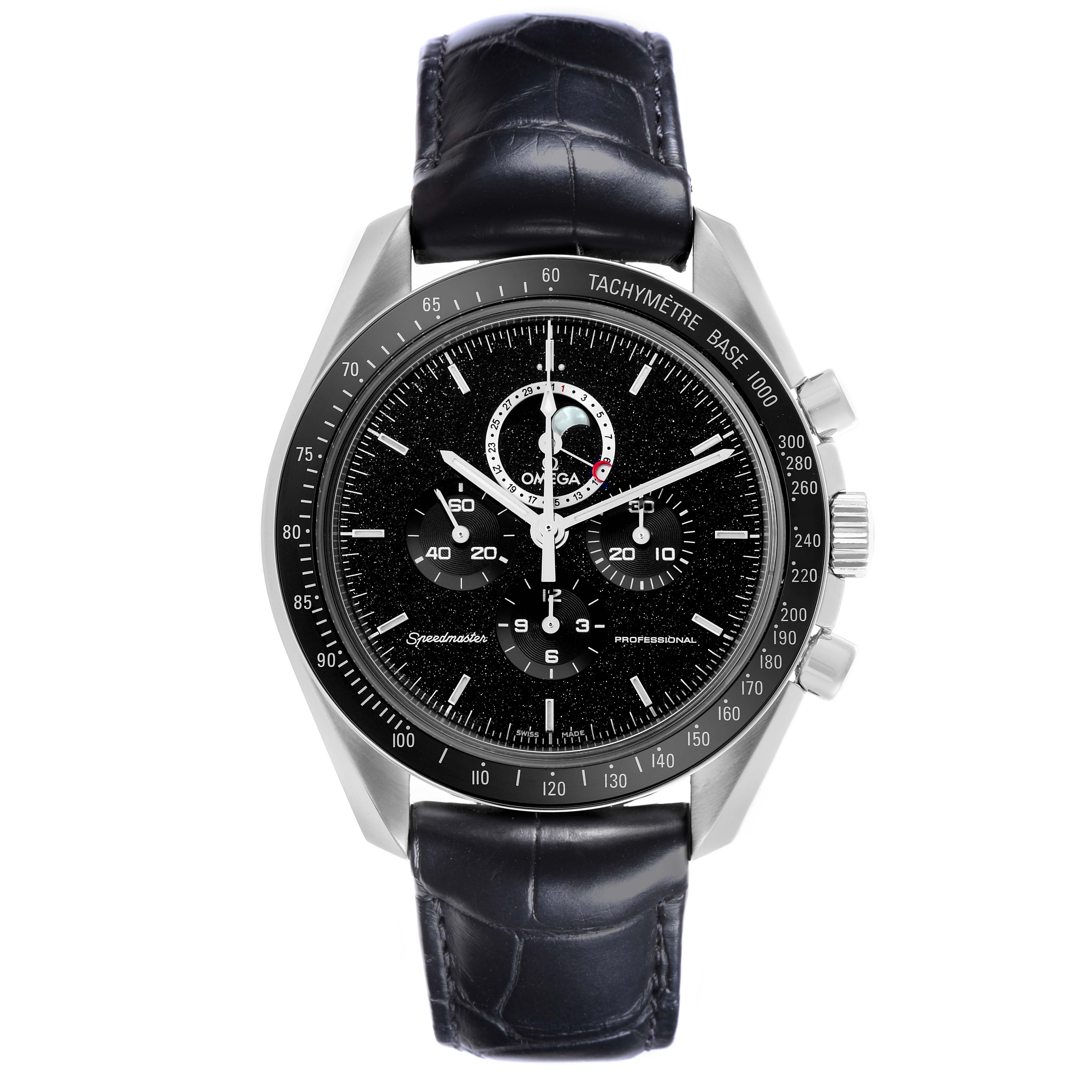 The Omega Speedmaster 311.33.44.32.01.001 Men's Stainless Steel Black Dial 311.33.44.32.01.001 Men's Stainless Steel Black Dial watch is shown from a front angle, highlighting its dial, bezel, and leather strap.