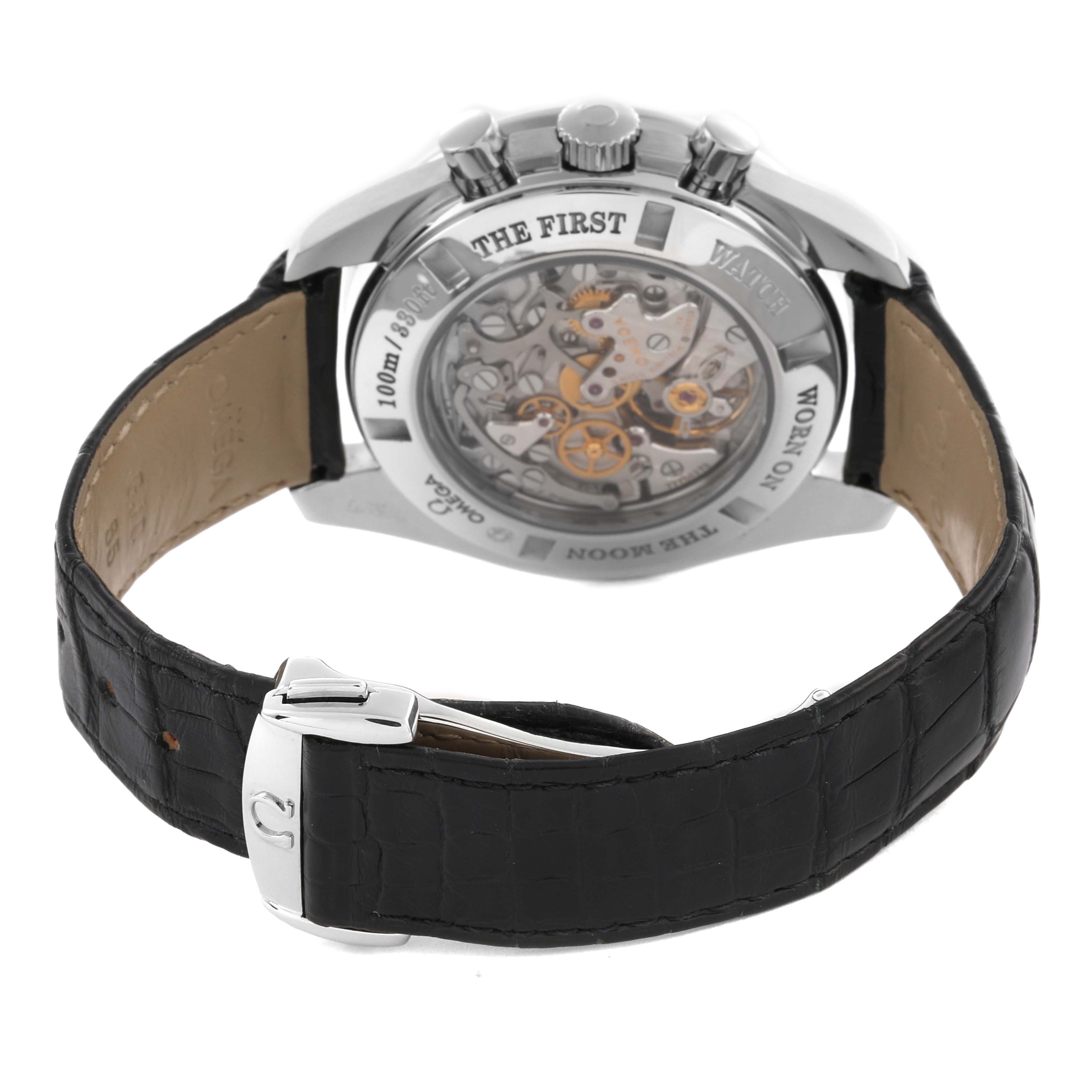 The Omega Speedmaster 311.33.44.32.01.001 Men's Stainless Steel Black Dial 311.33.44.32.01.001 Men's Stainless Steel Black Dial watch is shown from a rear angle, highlighting its transparent case back and visible movement components.