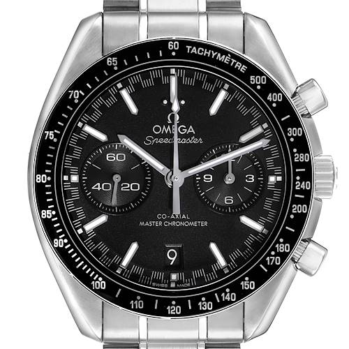 The Omega Speedmaster 329.30.44.51.01.001 Men's Stainless Steel Black Dial watch is shown from the front, highlighting the dial, bezel, and chronograph subdials.