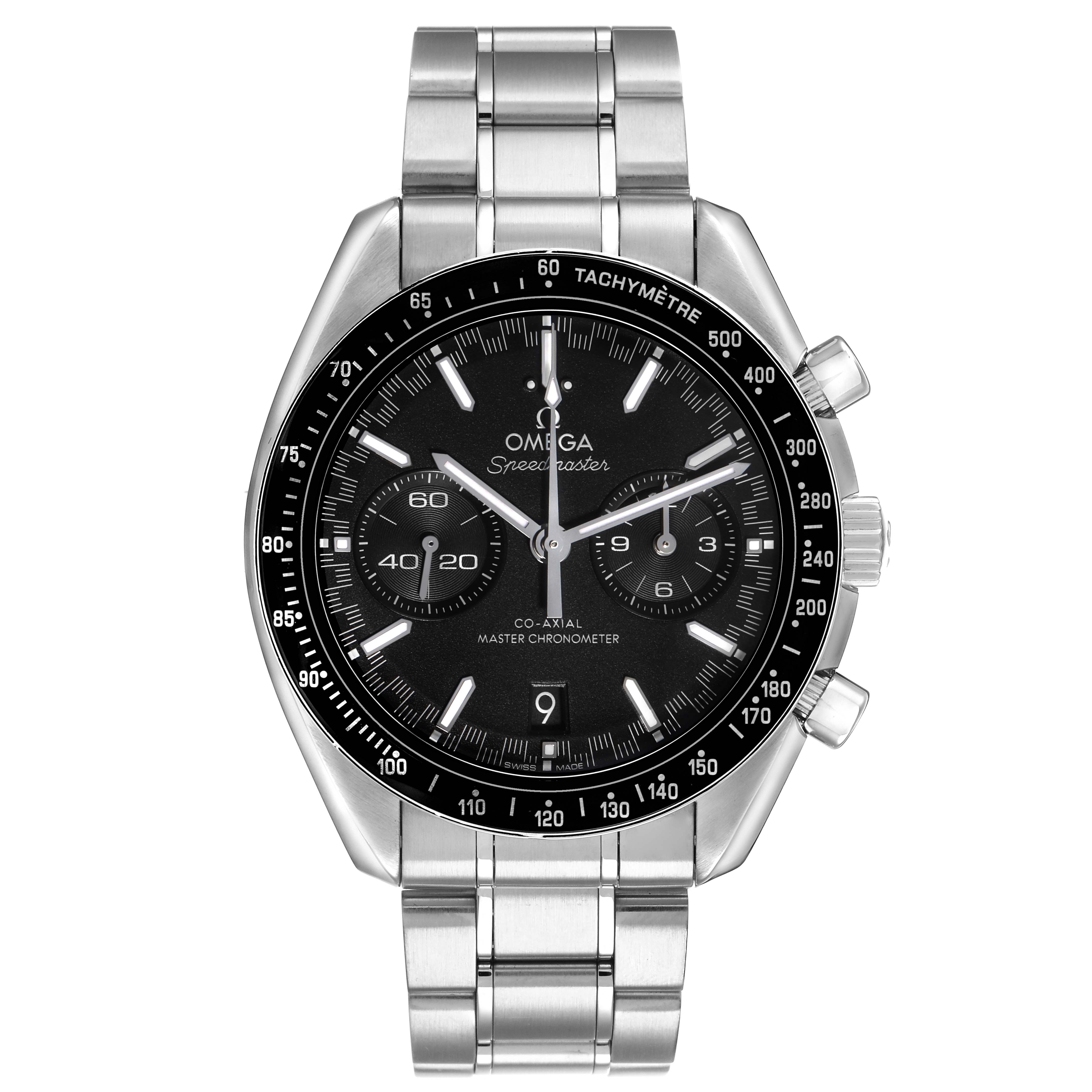 The Omega Speedmaster 329.30.44.51.01.001 Men's Stainless Steel Black Dial watch is shown from the front, displaying the face, tachymeter bezel, and bracelet.