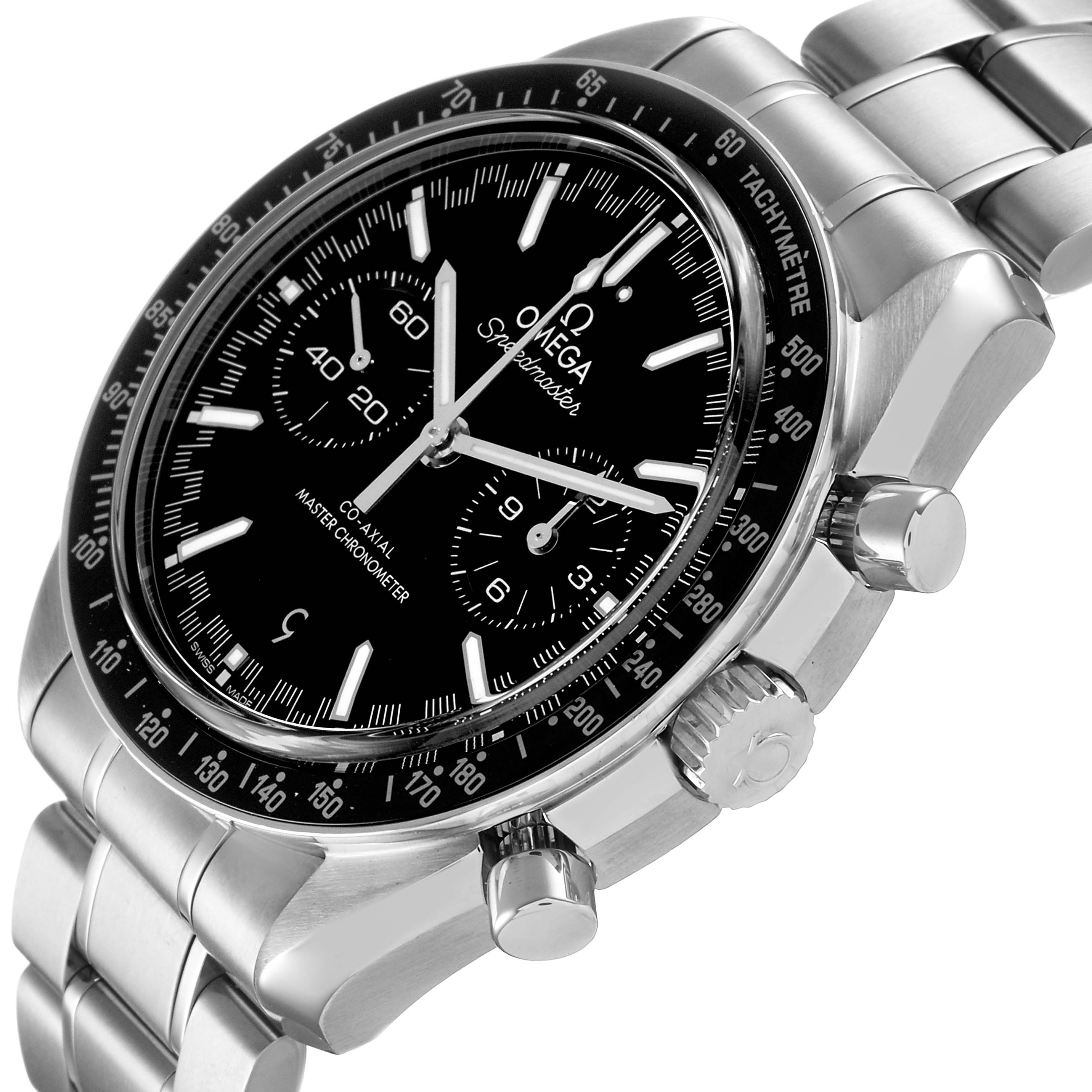 The Omega Speedmaster 329.30.44.51.01.001 Men's Stainless Steel Black Dial watch is shown at a tilted angle highlighting the face, bezel, pushers, and metal bracelet.