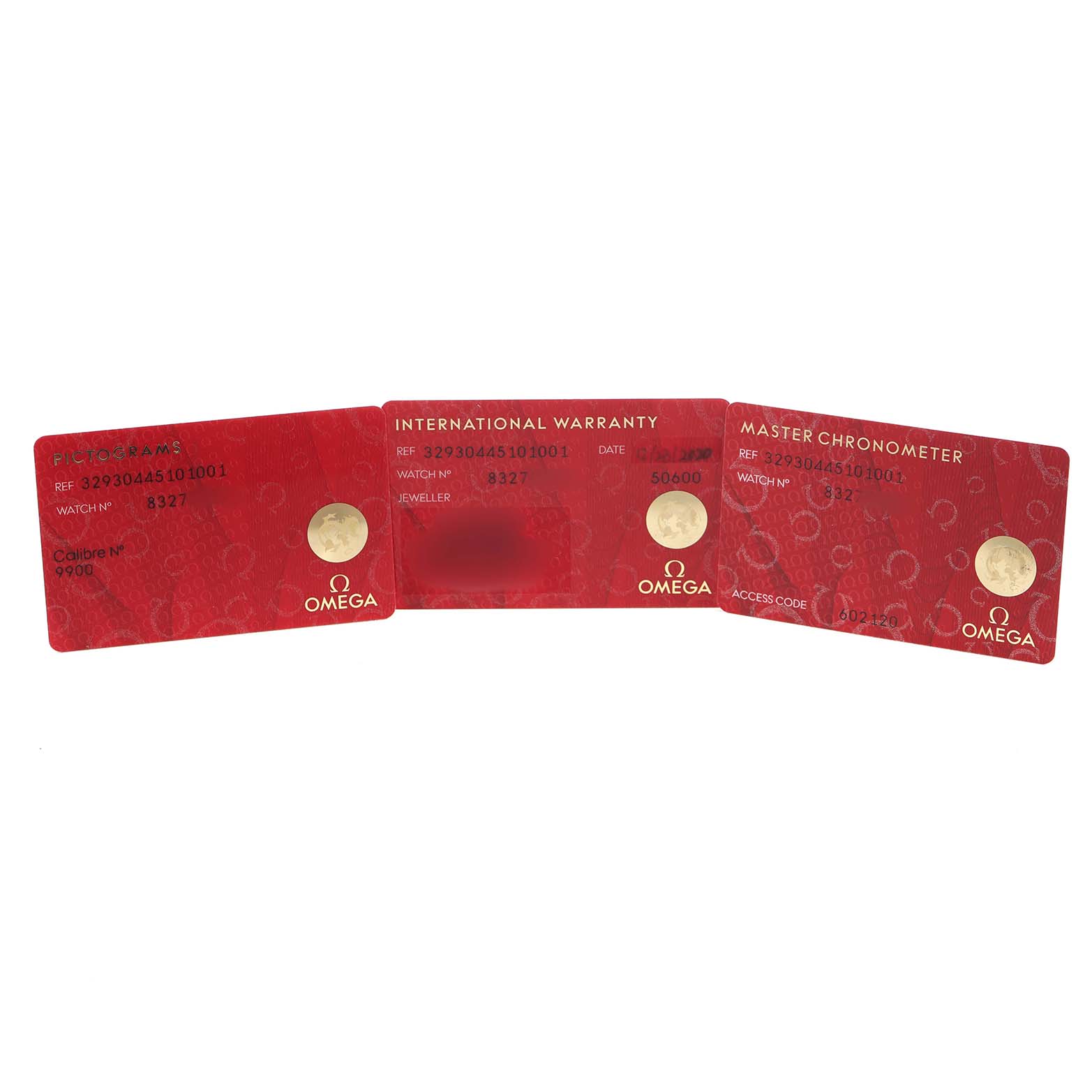 This image shows three red Omega cards for a Speedmaster model: pictograms, international warranty, and master chronometer.