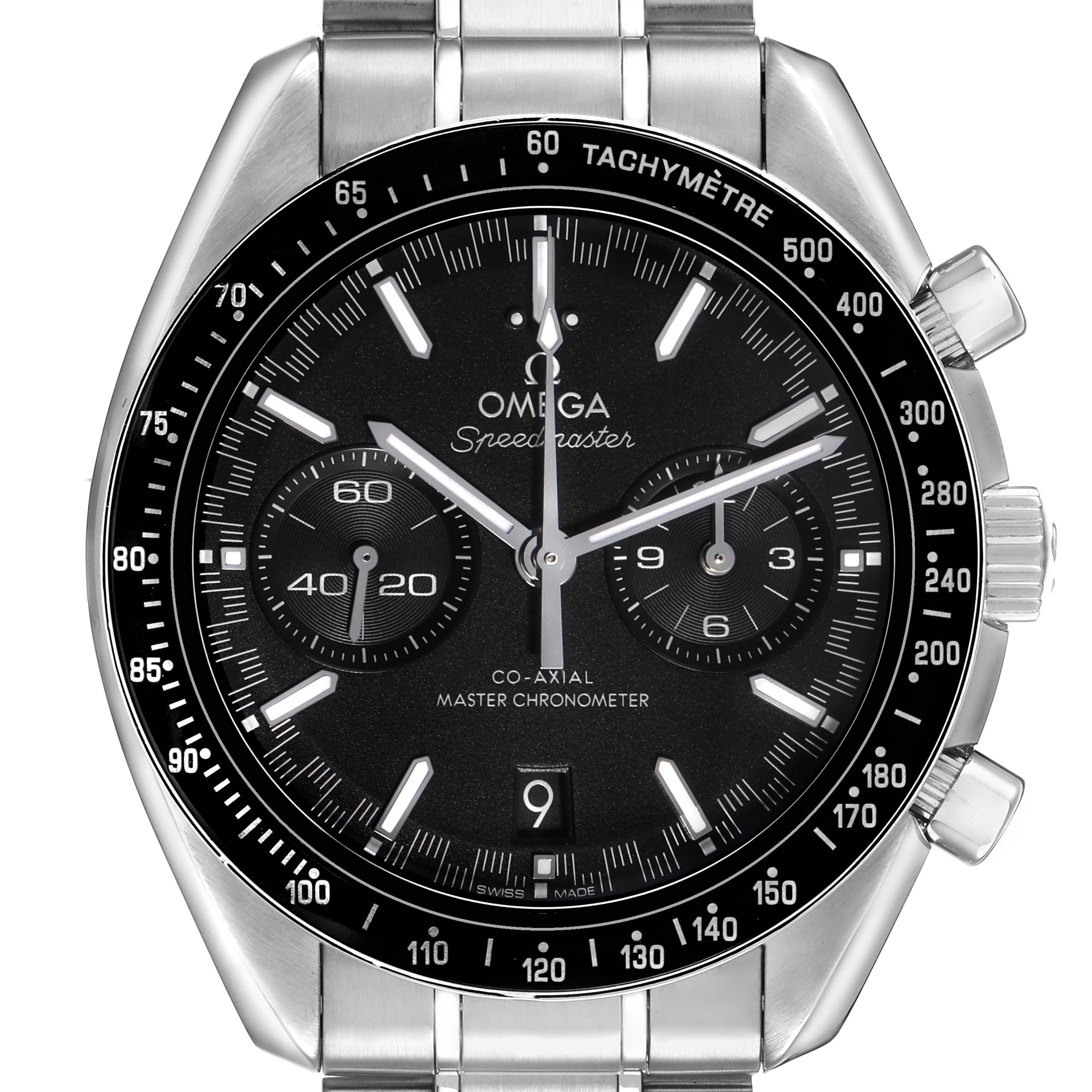 The image shows a front view of an Omega Speedmaster 329.30.44.51.01.001 Men's Stainless Steel Black Dial watch, highlighting the dial, tachymetric bezel, and pushers.