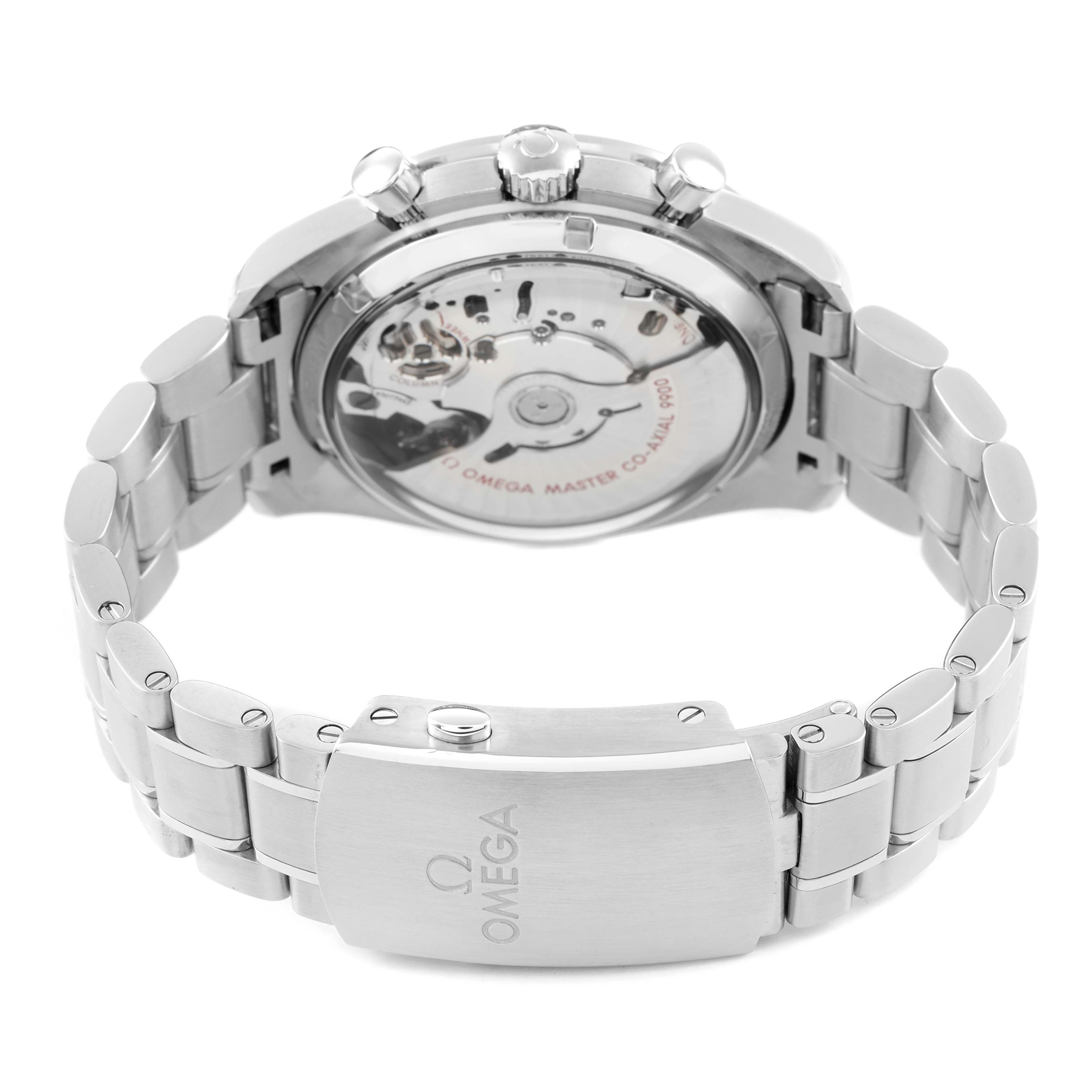 The Omega Speedmaster 329.30.44.51.01.001 Men's Stainless Steel Black Dial is shown from a rear angle, highlighting the transparent case back and metal bracelet clasp.