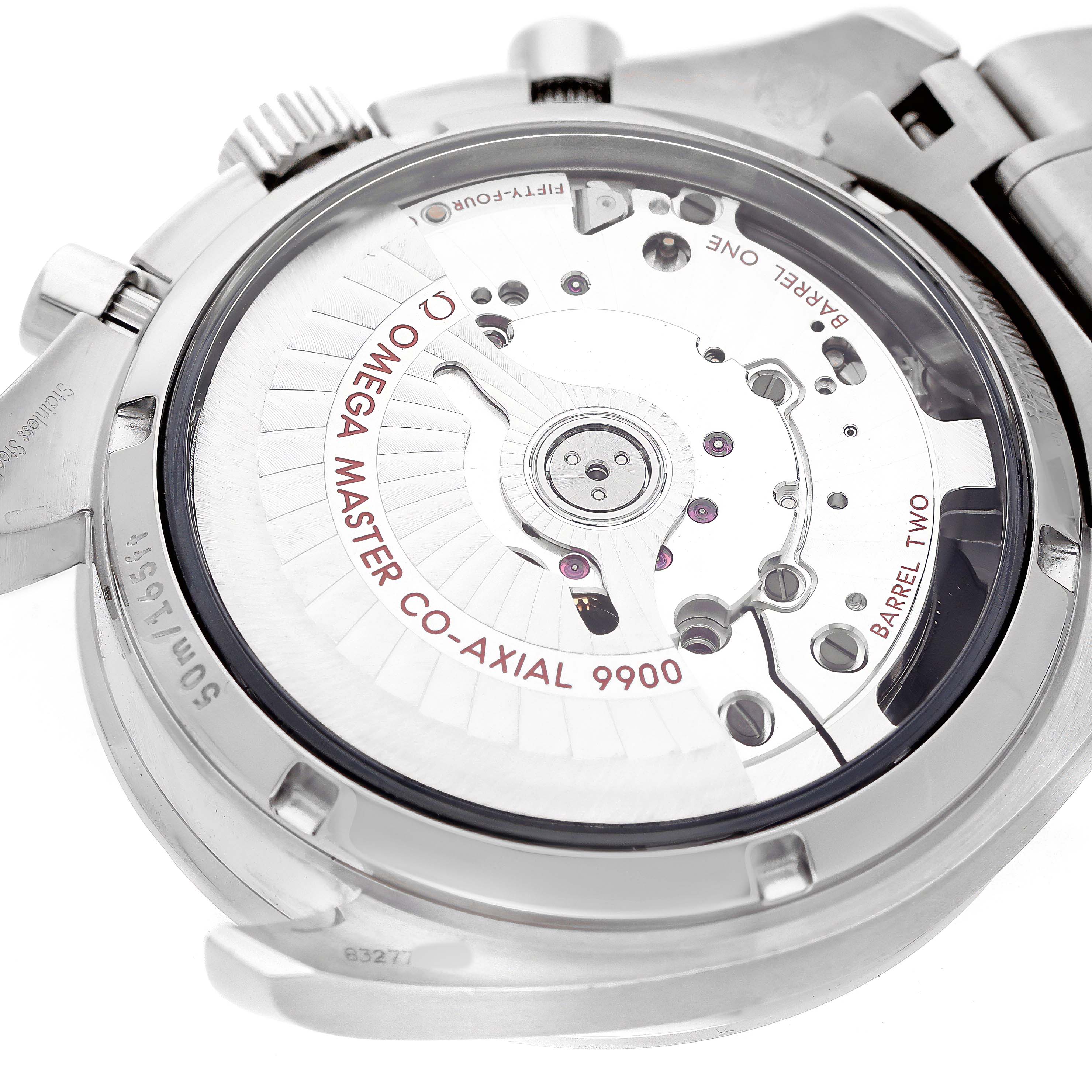 The image shows the back view of the Omega Speedmaster 329.30.44.51.01.001 Men's Stainless Steel Black Dial, focusing on the Co-Axial 9900 movement through its transparent case back.