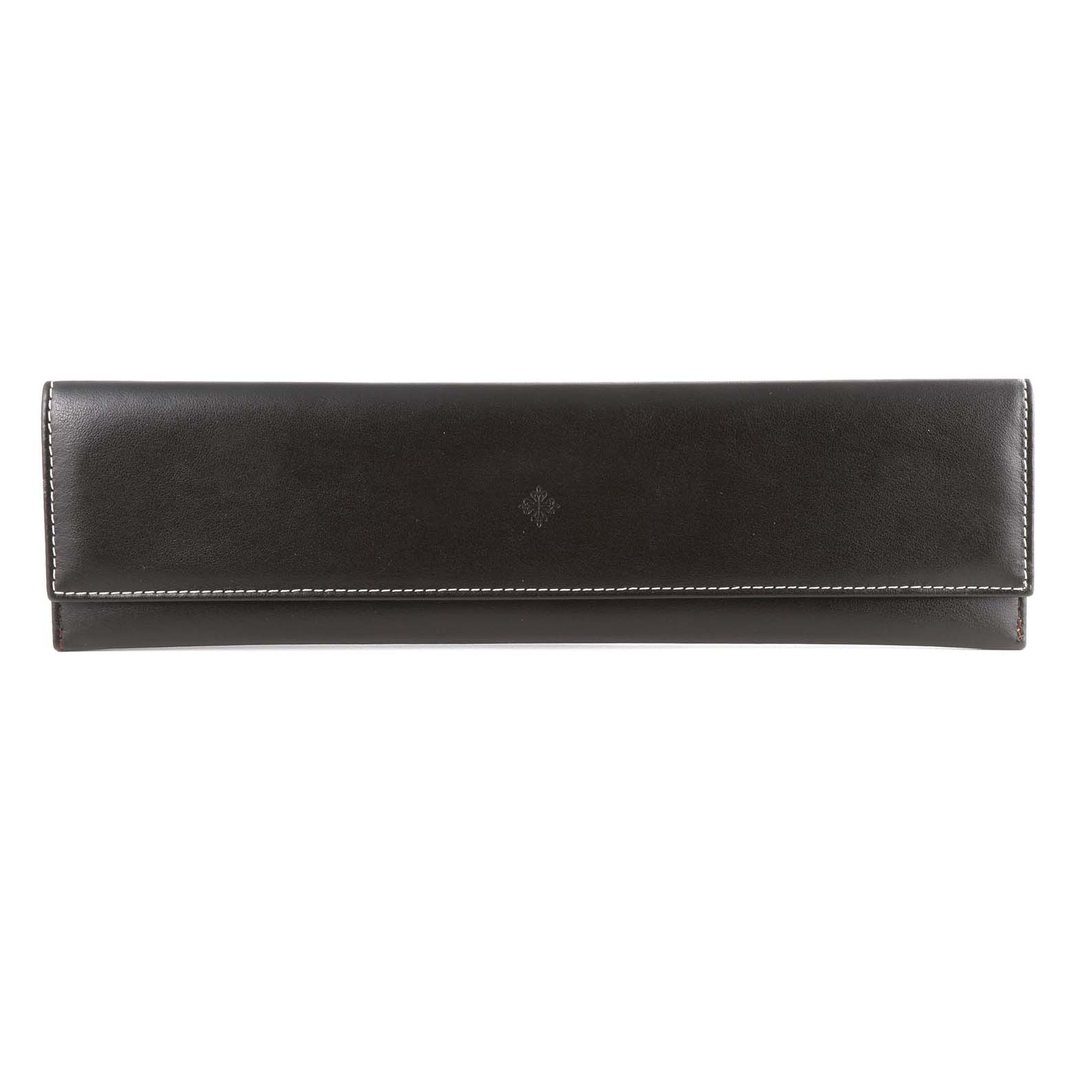 This image shows a black leather watch case for the Calatrava model by Patek Philippe, viewed from the front.