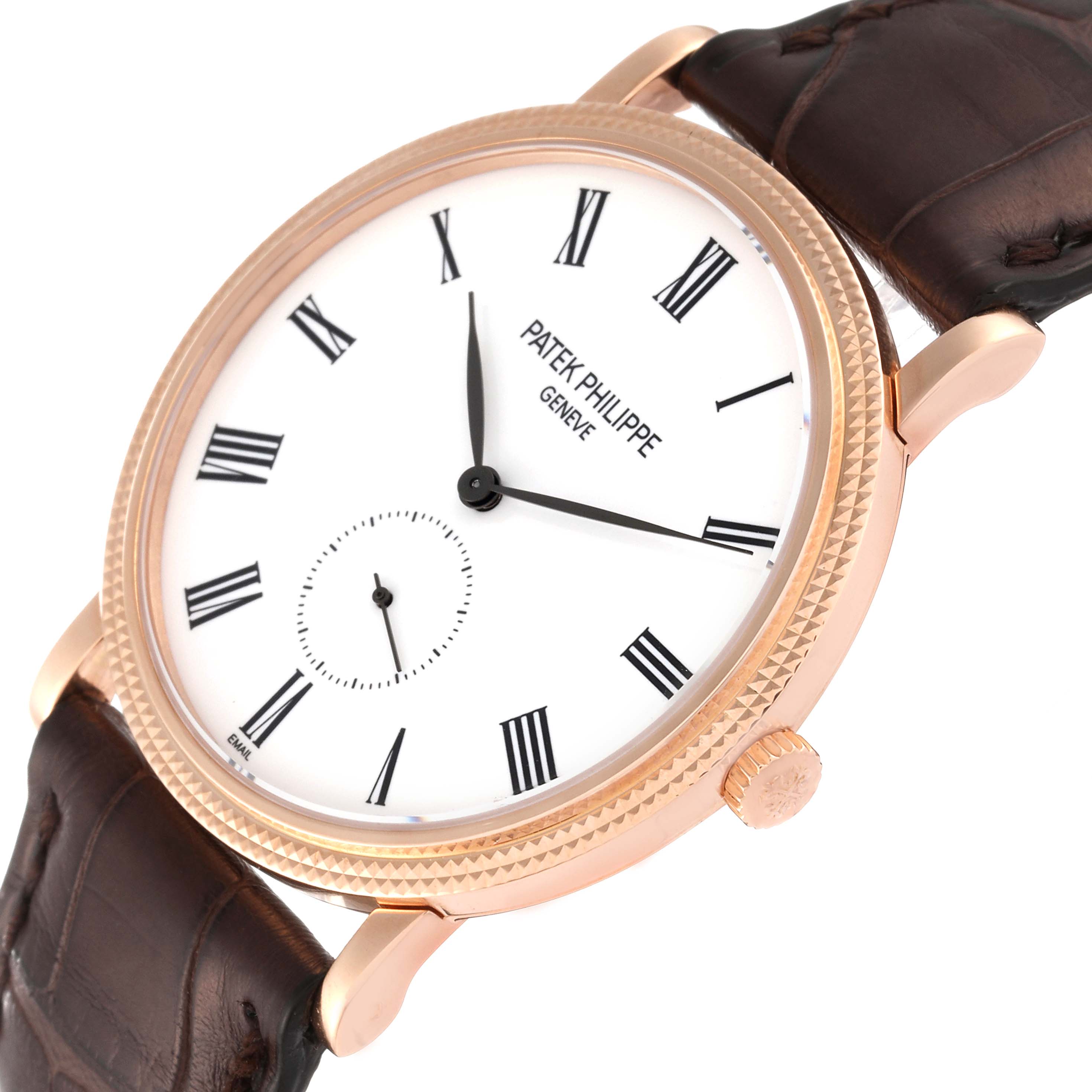 The Patek Philippe Calatrava 5116R-001 Men
s Rose Gold White Dial 5116R-001 Men
s Rose Gold White Dial watch is shown at an angle displaying its face, crown, and part of the leather strap.