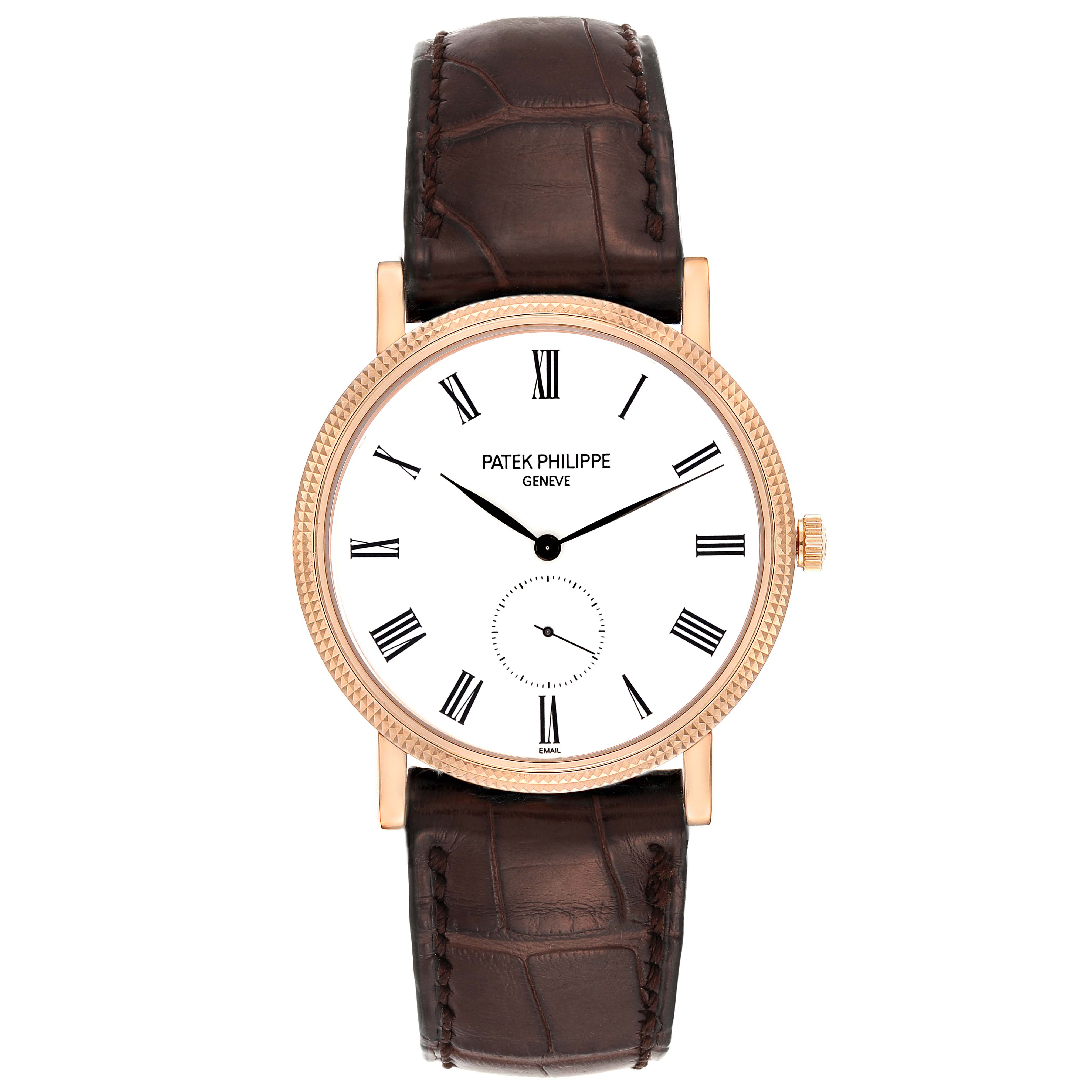 The image shows a frontal view of the Patek Philippe Calatrava 5116R-001 Men
s Rose Gold White Dial 5116R-001 Men
s Rose Gold White Dial watch, highlighting its dial, hands, and leather strap.
