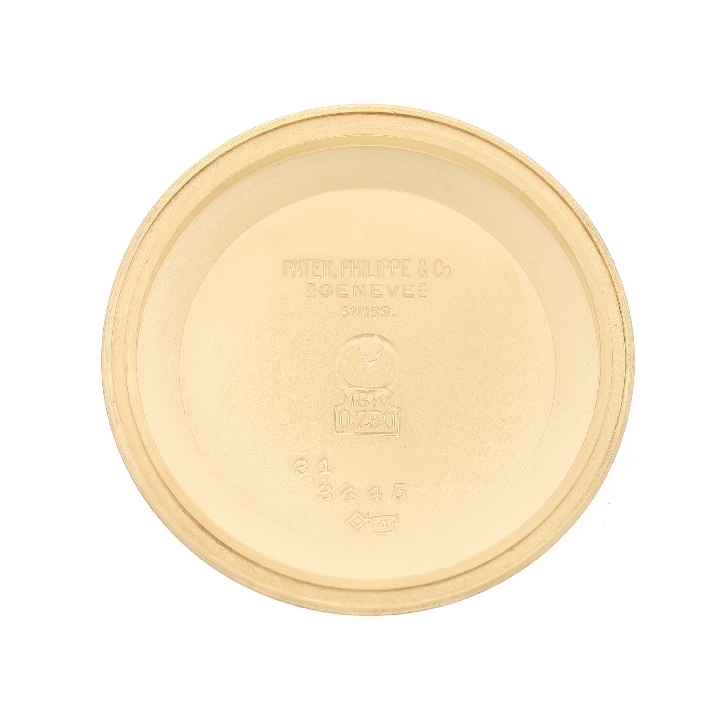 The image shows the inner case back of a Patek Philippe Calatrava 3445 Men's Yellow Gold Champagne Dial watch, highlighting engravings and markings.