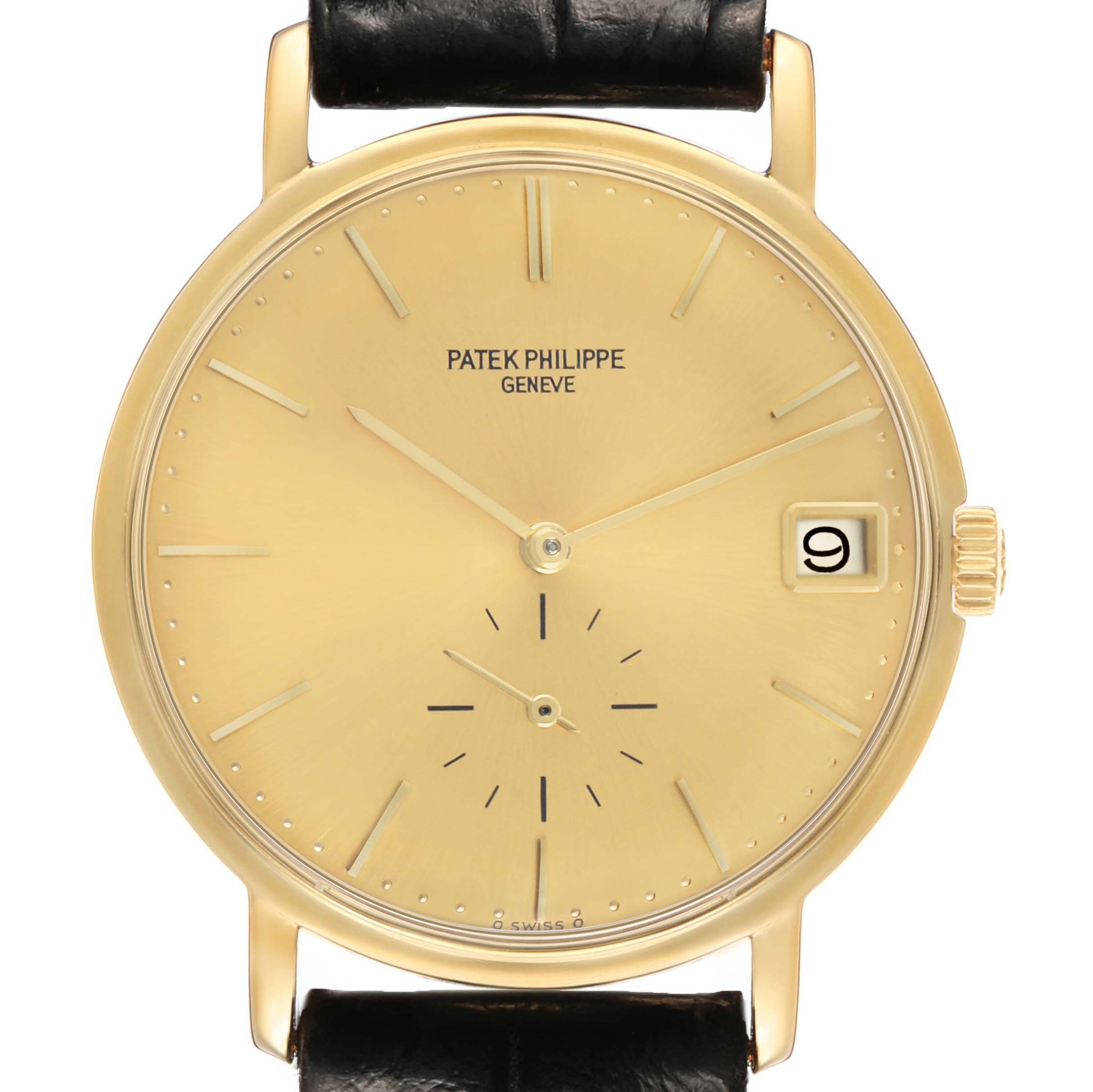 The image shows a front view of a Patek Philippe Calatrava 3445 Men's Yellow Gold Champagne Dial watch, highlighting the dial, hands, and date window.