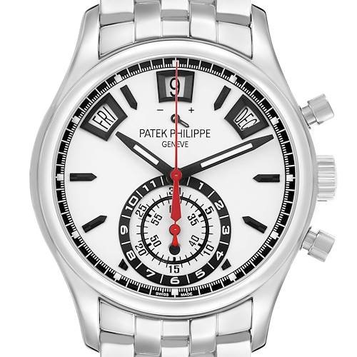 The image shows a front view of the Patek Philippe Complications 5960/1A-001 Men's Stainless Steel White Dial watch, displaying its face, subdials, and metal bracelet.