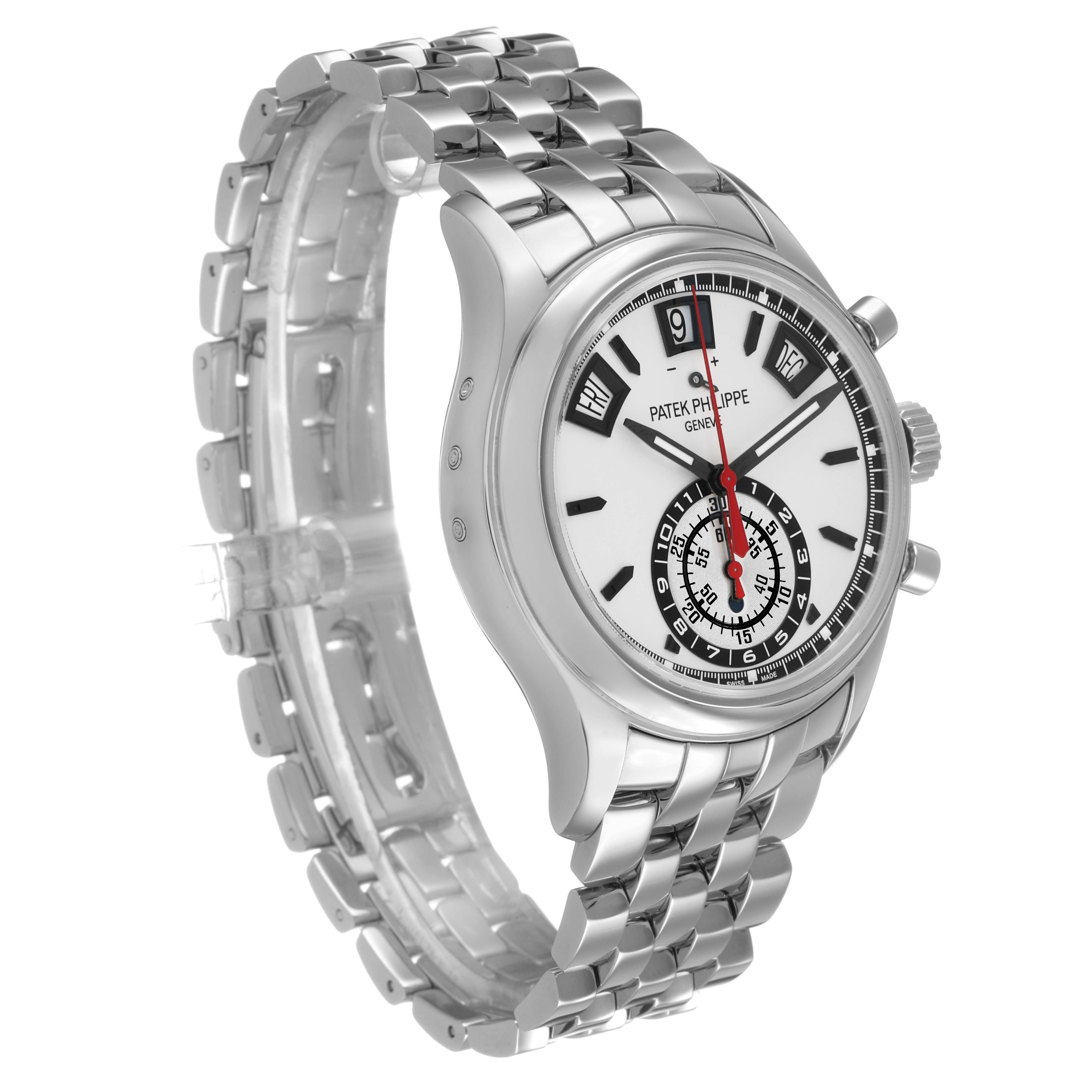 The Patek Philippe Complications 5960/1A-001 Men's Stainless Steel White Dial watch is shown at a three-quarter angle, displaying the face, bezel, and bracelet.