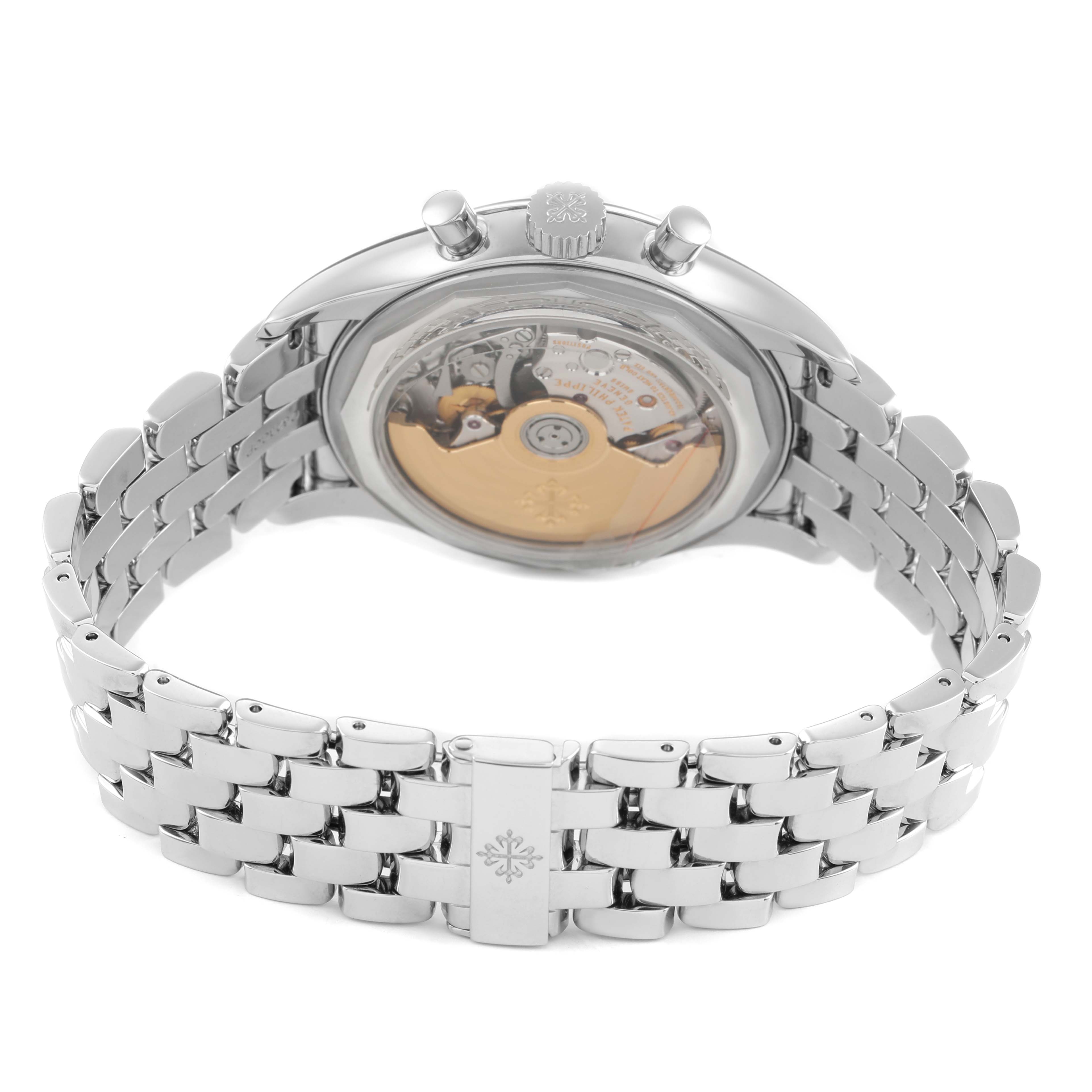 The image shows the back and bracelet of the Patek Philippe Complications 5960/1A-001 Men's Stainless Steel White Dial watch, highlighting its mechanical movement and clasp.