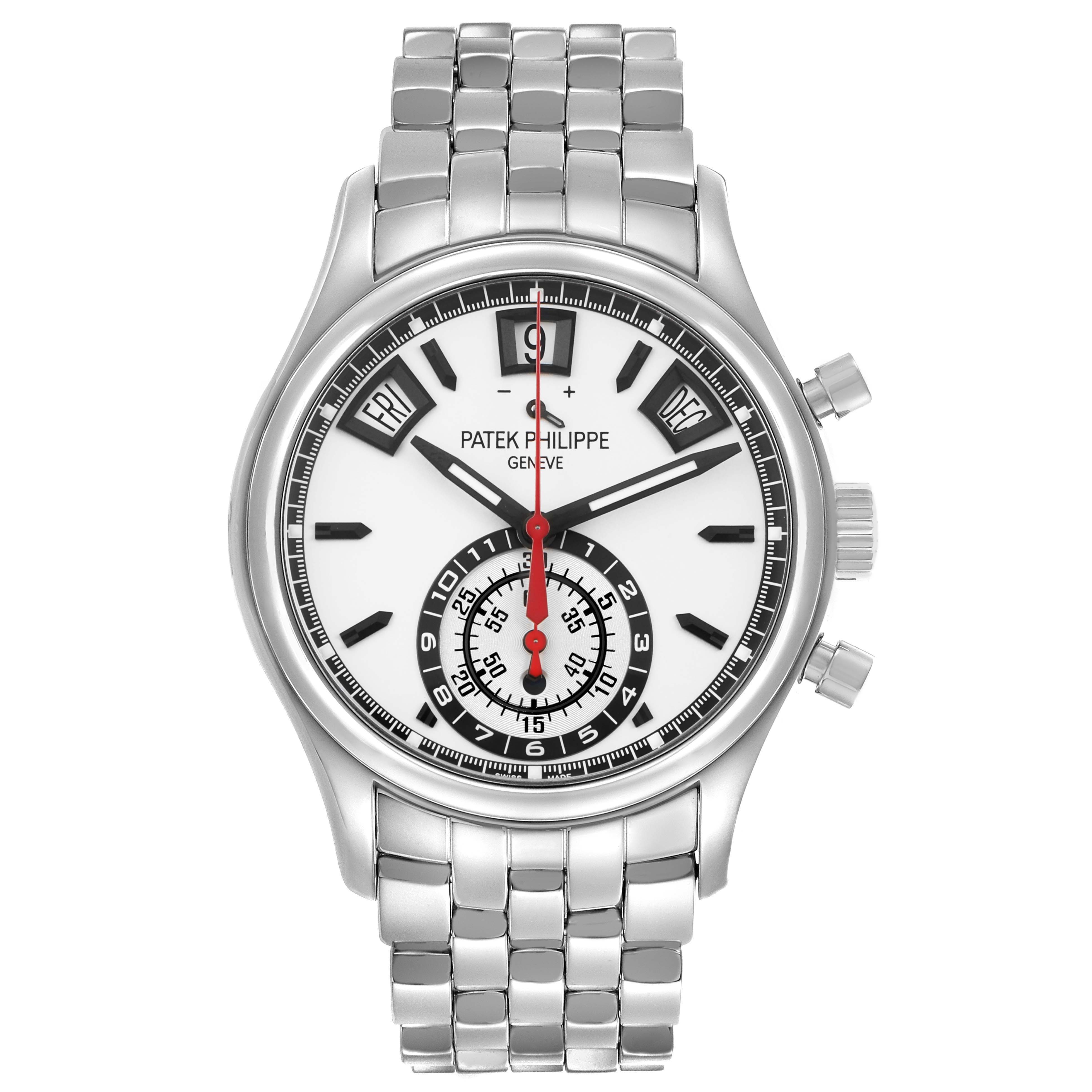 The Patek Philippe Complications 5960/1A-001 Men's Stainless Steel White Dial watch is shown from a front angle, displaying its face, bracelet, and crown.