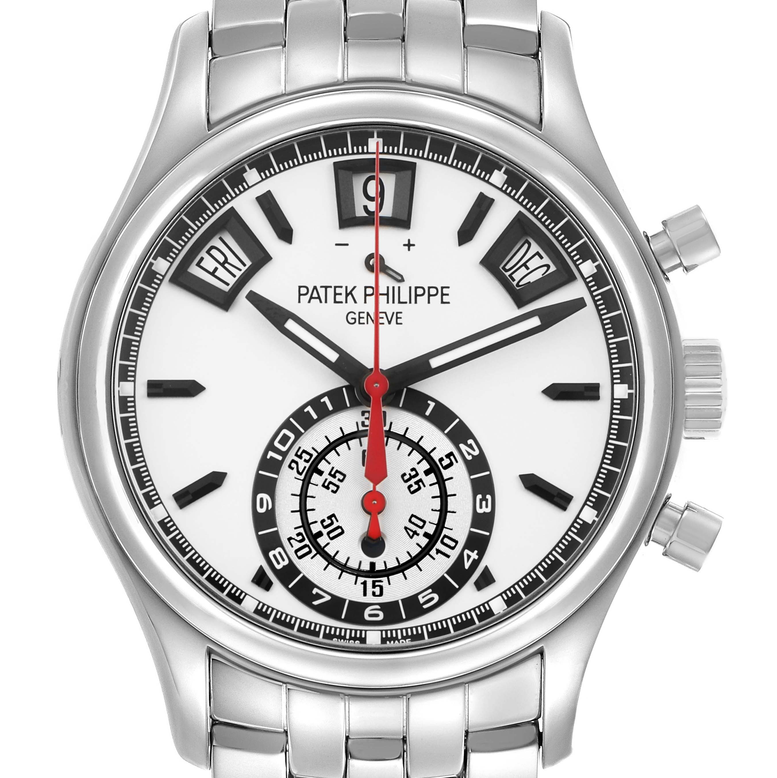 The Patek Philippe Complications 5960/1A-001 Men's Stainless Steel White Dial watch is shown from the front, displaying the dial, day and month indicators, and chronograph subdial.
