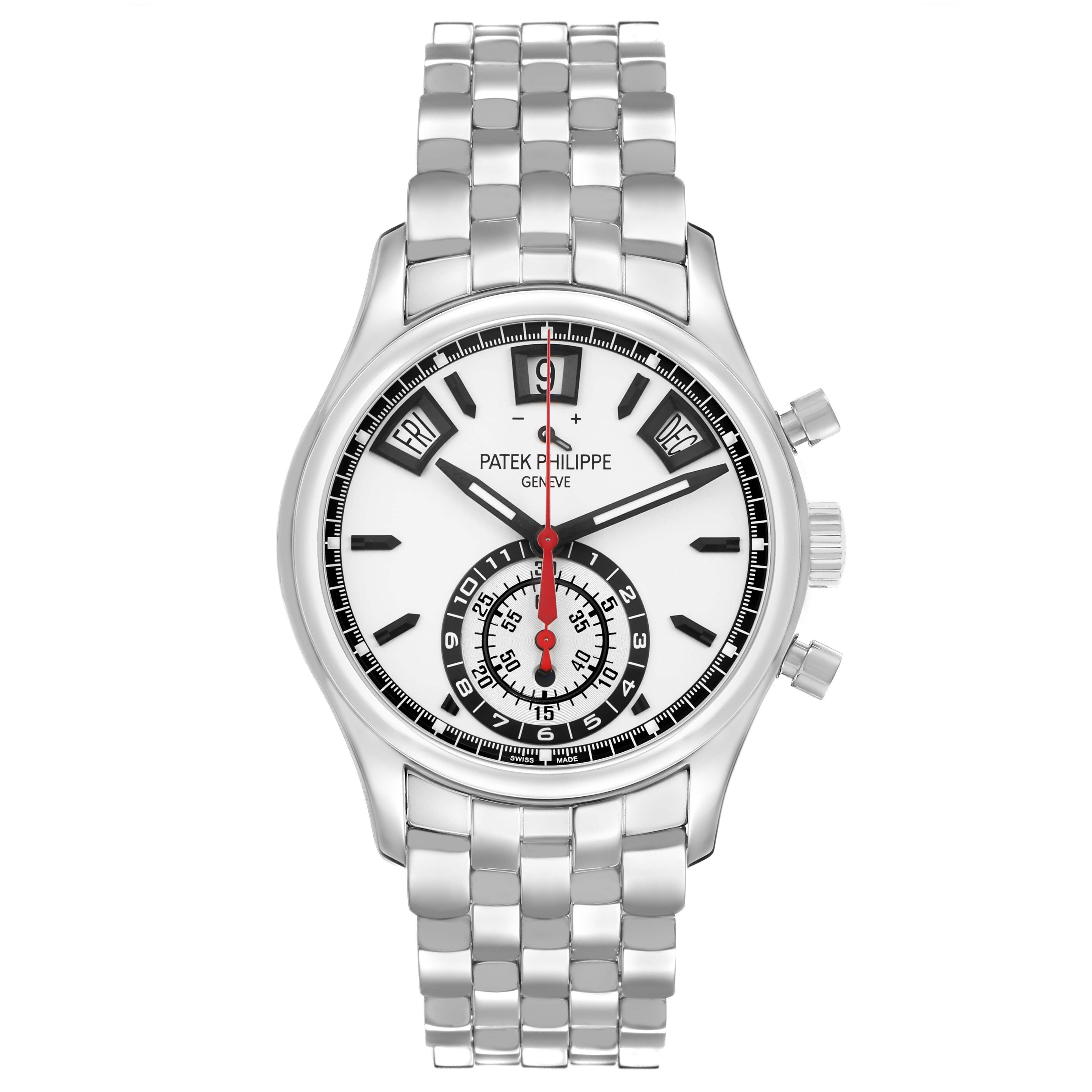 The Patek Philippe Complications 5960/1A-001 Mens Stainless Steel White Dial watch is shown from the front, highlighting the dial, bezel, pushers, and bracelet.