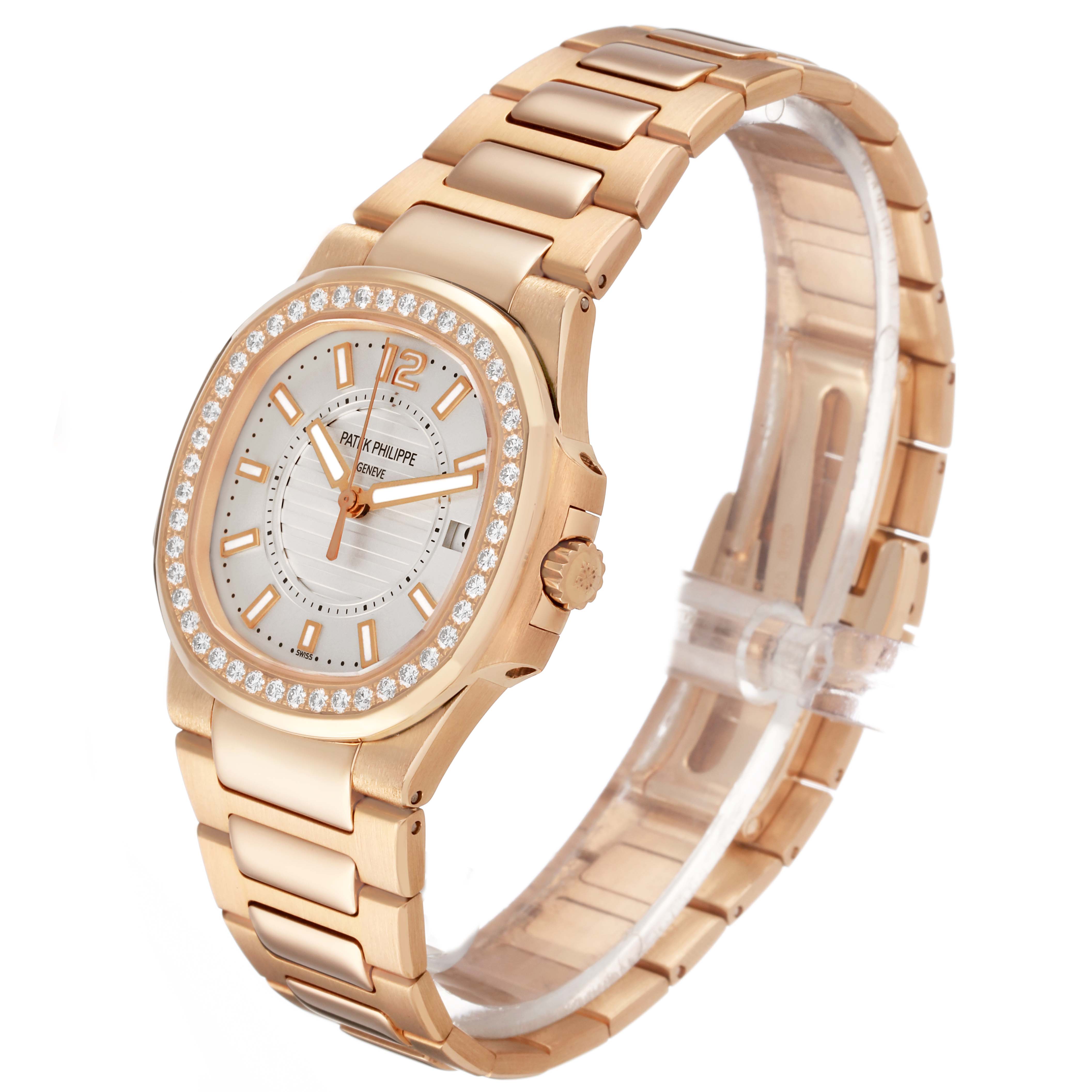 The Patek Philippe Nautilus 7010R Women's Rose Gold Silver Dial watch is shown from a front-side angle, highlighting the dial, bezel, and bracelet.