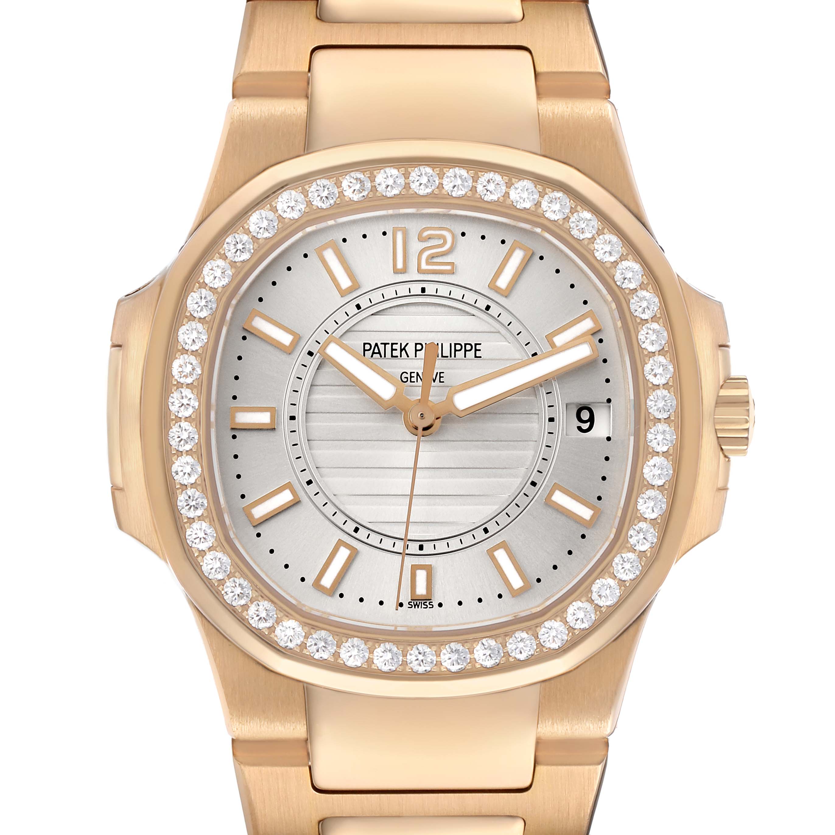The image shows a front view of the Patek Philippe Nautilus 7010R Women's Rose Gold Silver Dial watch, highlighting the dial, bezel, and part of the bracelet.