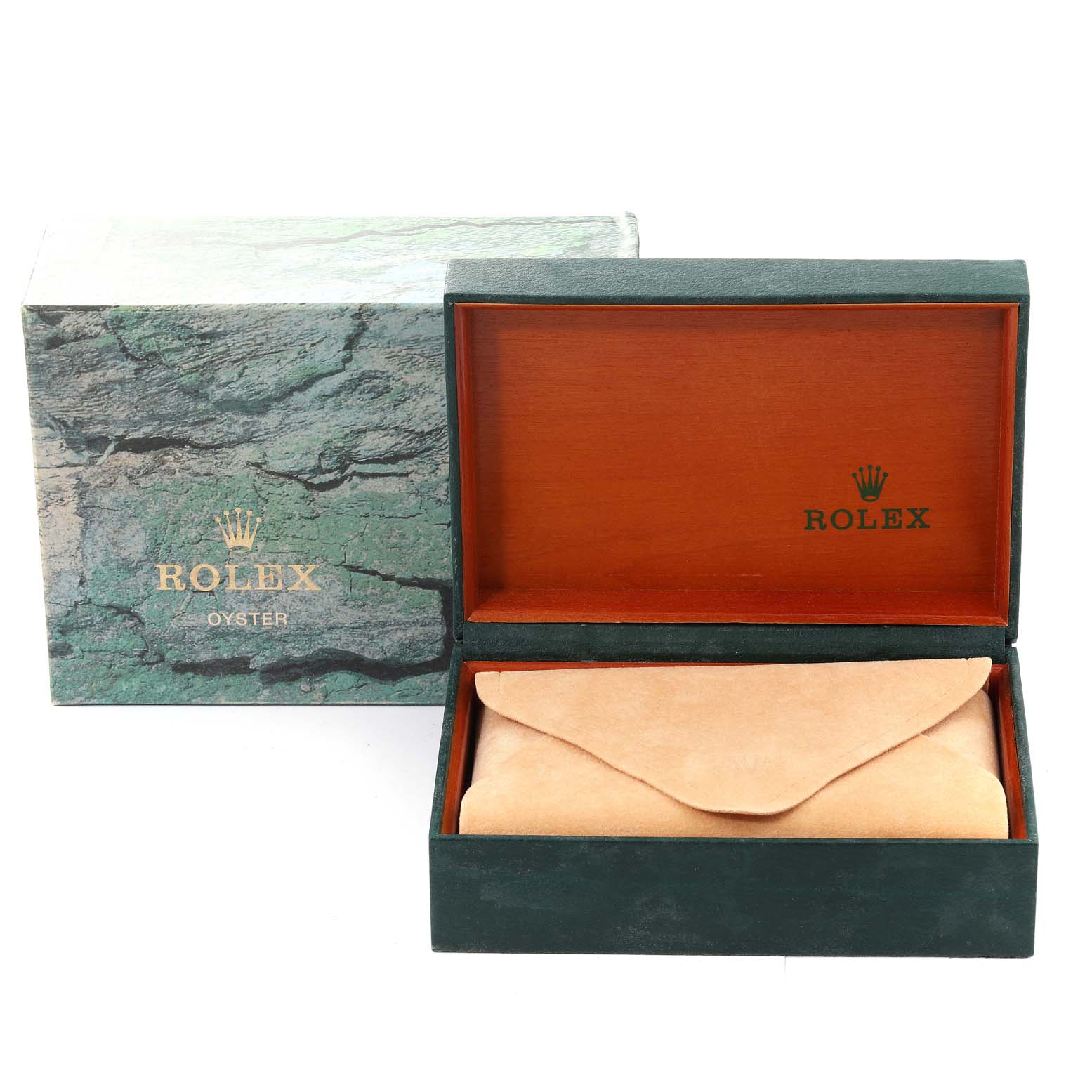 This image shows the box for a Rolex Air-King 14000 Men's Stainless Steel Blue Dial 14000 Men's Stainless Steel Blue Dial watch with the lid open, revealing a beige pouch inside.