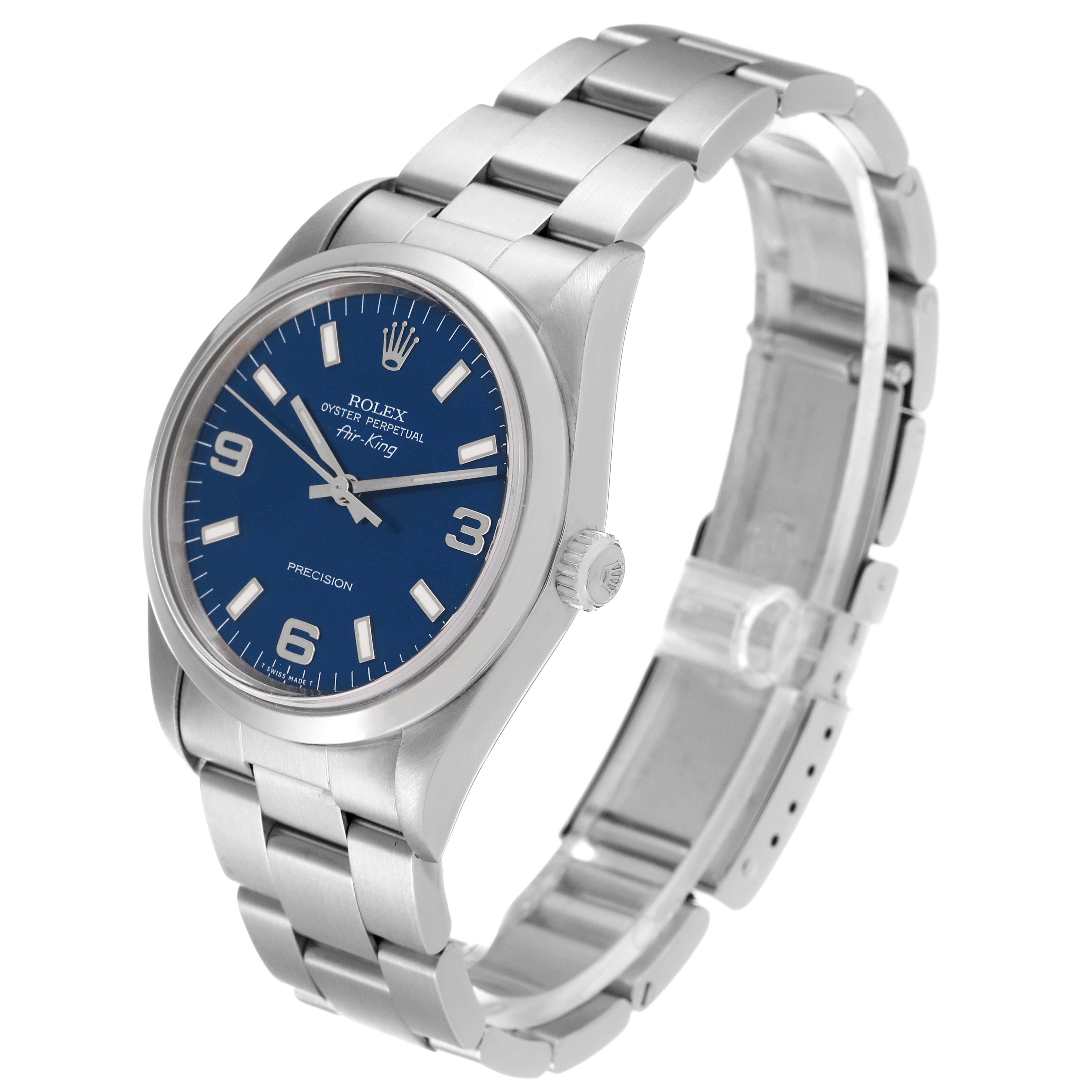This Rolex Air-King 14000 Men's Stainless Steel Blue Dial 14000 Men's Stainless Steel Blue Dial watch is shown at a three-quarter angle, displaying the face, case, and bracelet in detail.