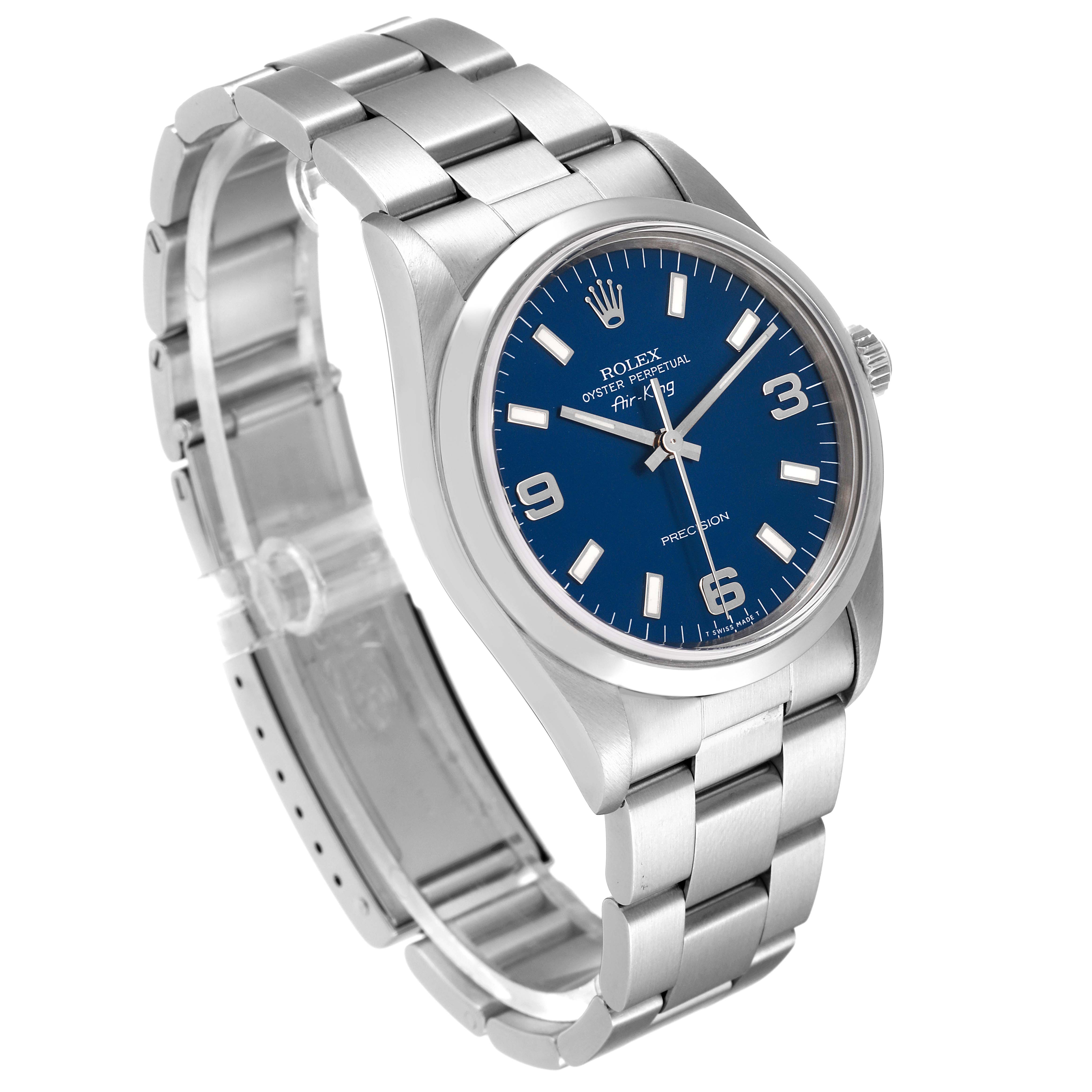 The image shows a Rolex Air-King 14000 Men's Stainless Steel Blue Dial 14000 Men's Stainless Steel Blue Dial watch from angled above, highlighting its stainless steel bracelet and blue dial.