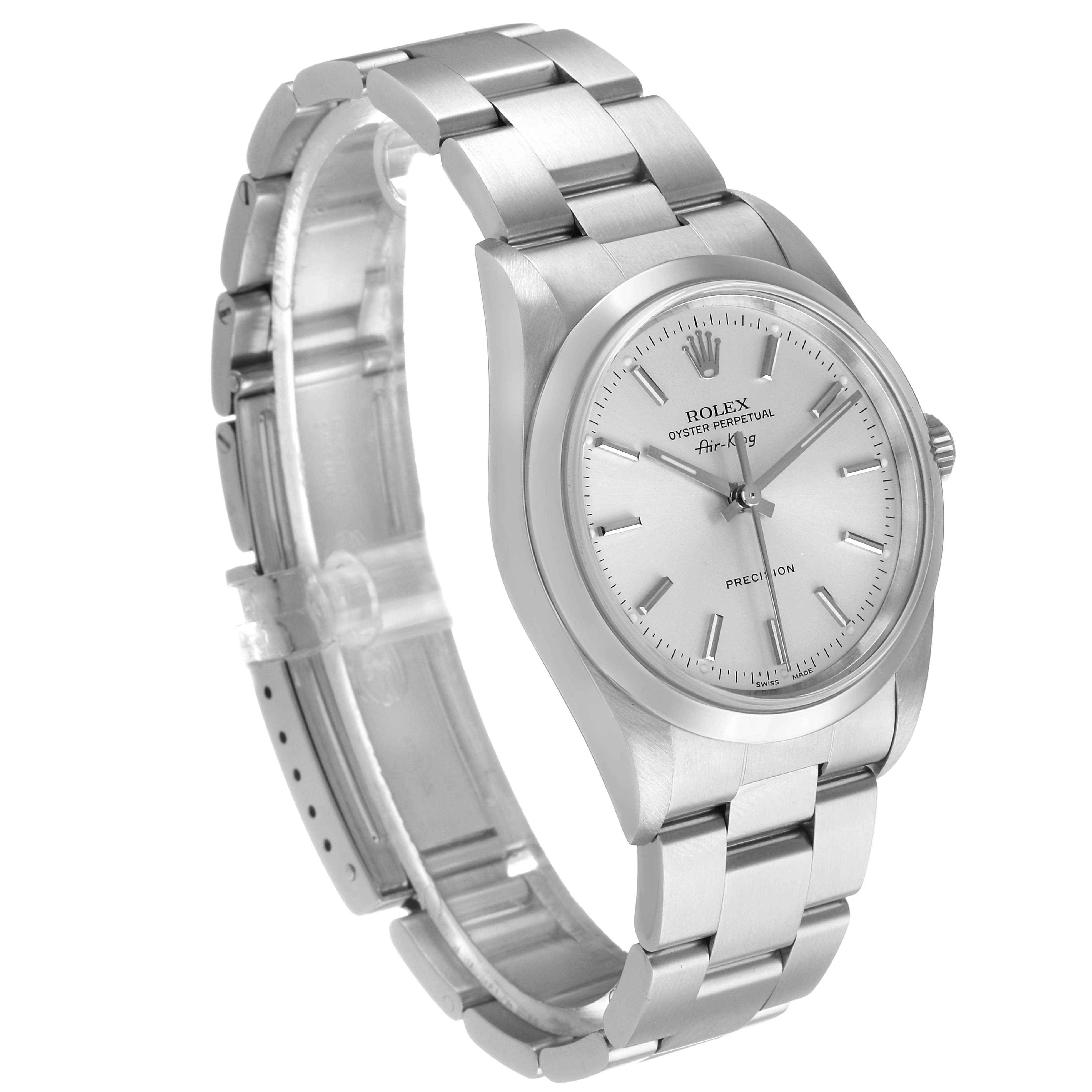 The Rolex Air-King 14000M Men's Stainless Steel Silver Dial watch is shown at an angle from the front-left, displaying the case, dial, and bracelet.