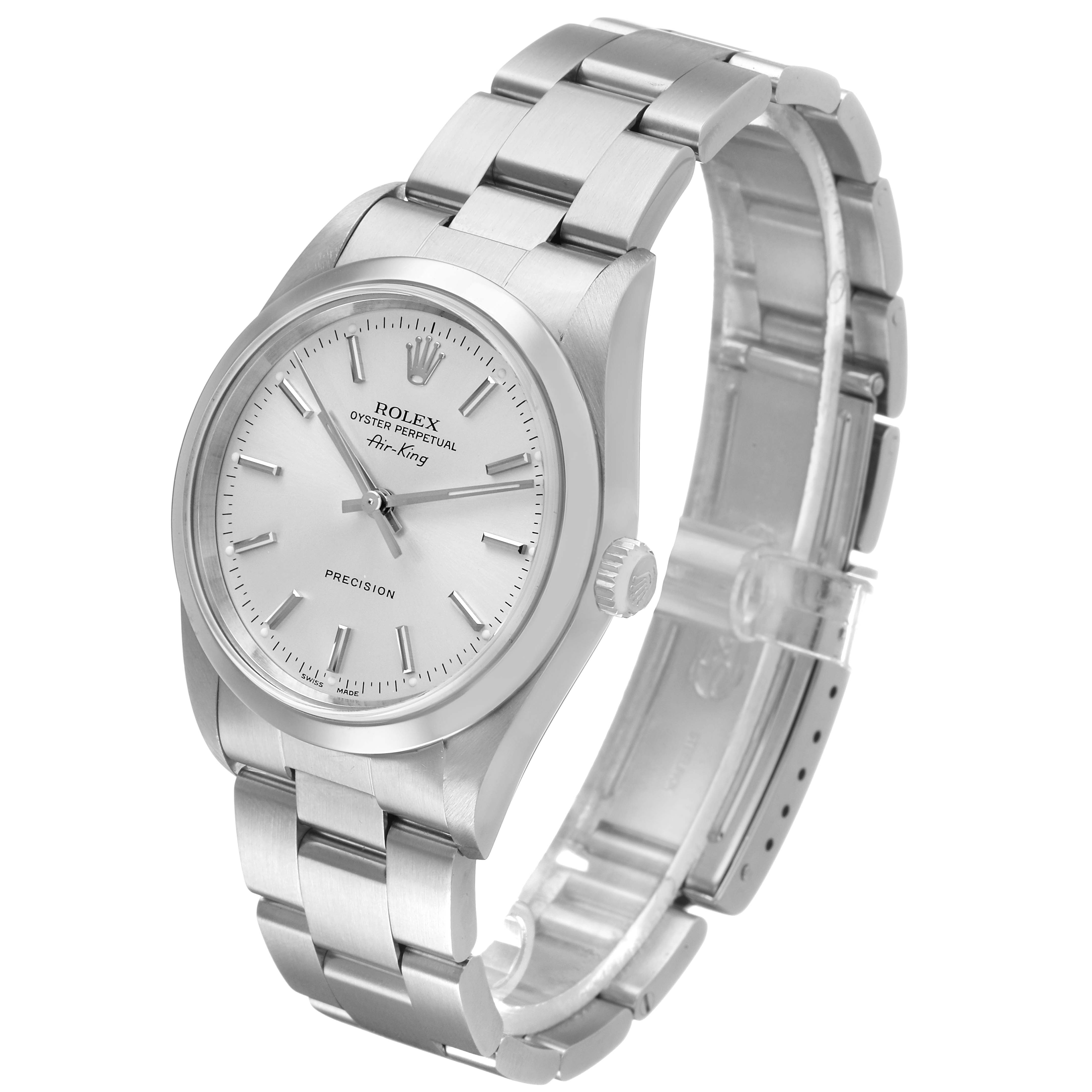 The Rolex Air-King 14000M Men's Stainless Steel Silver Dial watch is shown at a three-quarter angle, displaying the dial, crown, and bracelet.