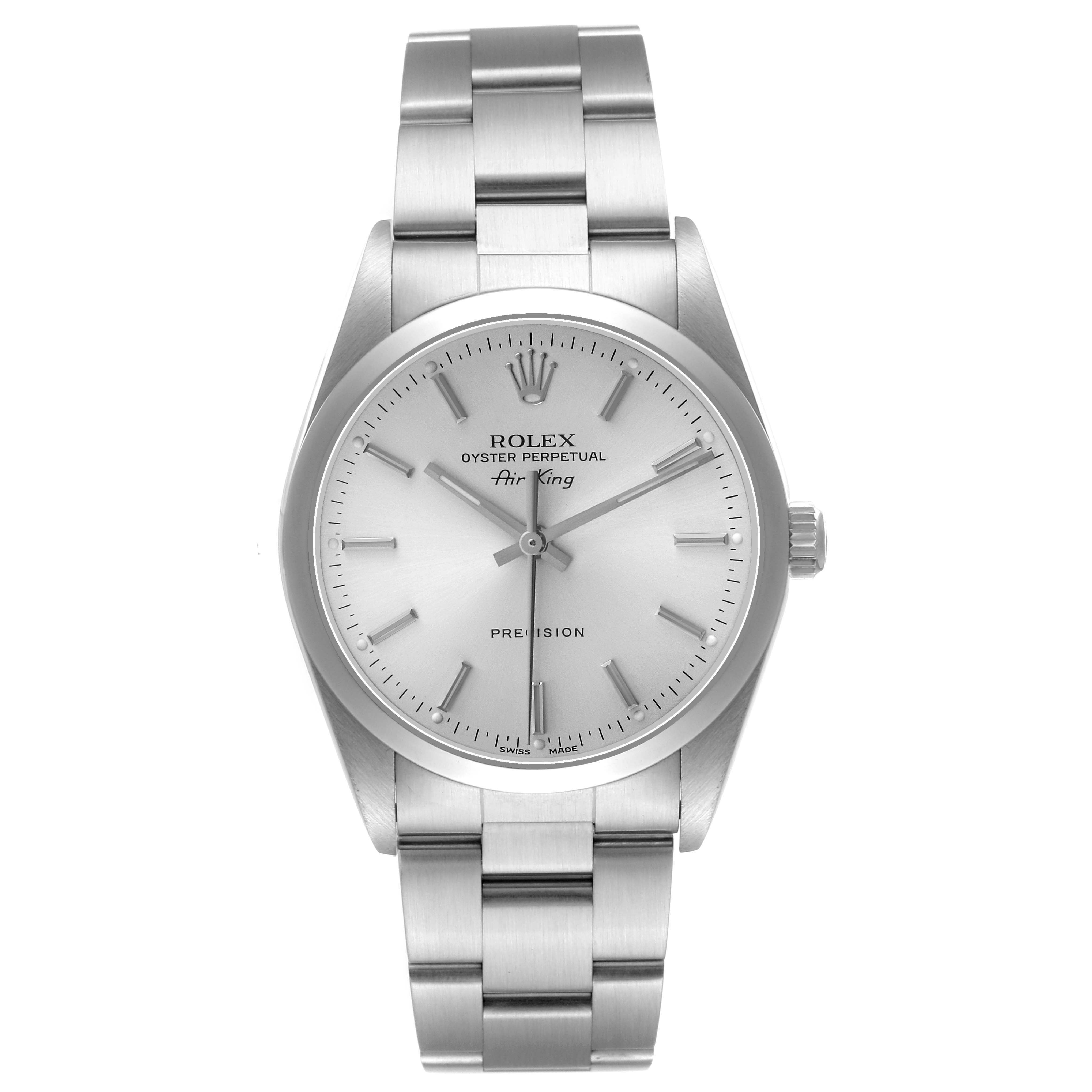 The Rolex Air-King 14000M Men's Stainless Steel Silver Dial watch is shown from a frontal angle, displaying its dial, bracelet, and crown.