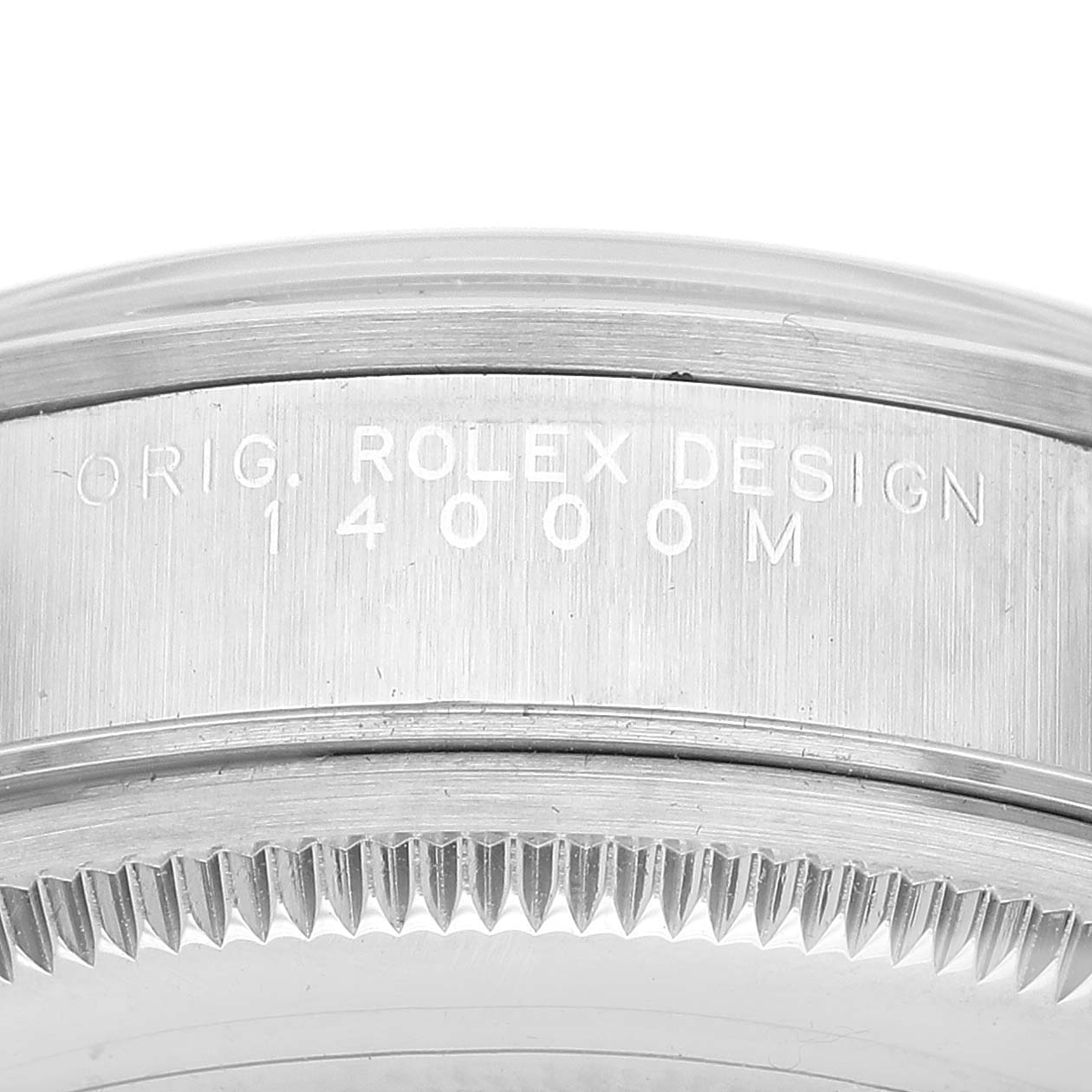 The image shows a close-up of the case side and part of the bezel of a Rolex Air-King 14000M Men's Stainless Steel Silver Dial, highlighting engravings.