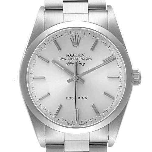 The Rolex Air-King 14000M Men's Stainless Steel Silver Dial watch is shown from the front, displaying the dial, hands, crown, and part of the bracelet.