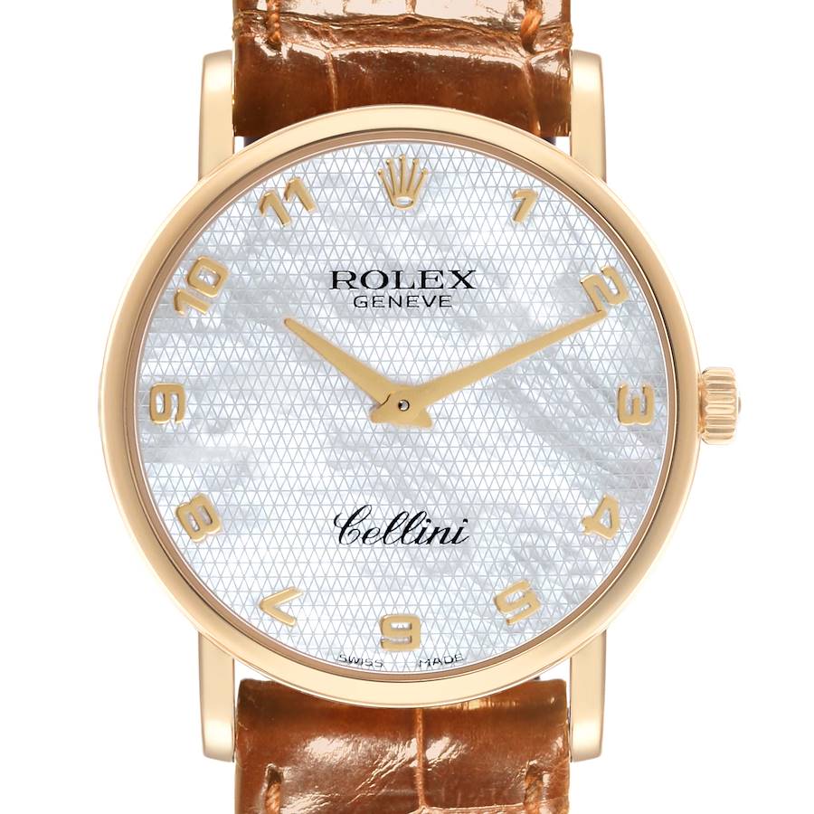 The Rolex Cellini watch is shown from the front, highlighting its face, hands, crown, and part of the strap.