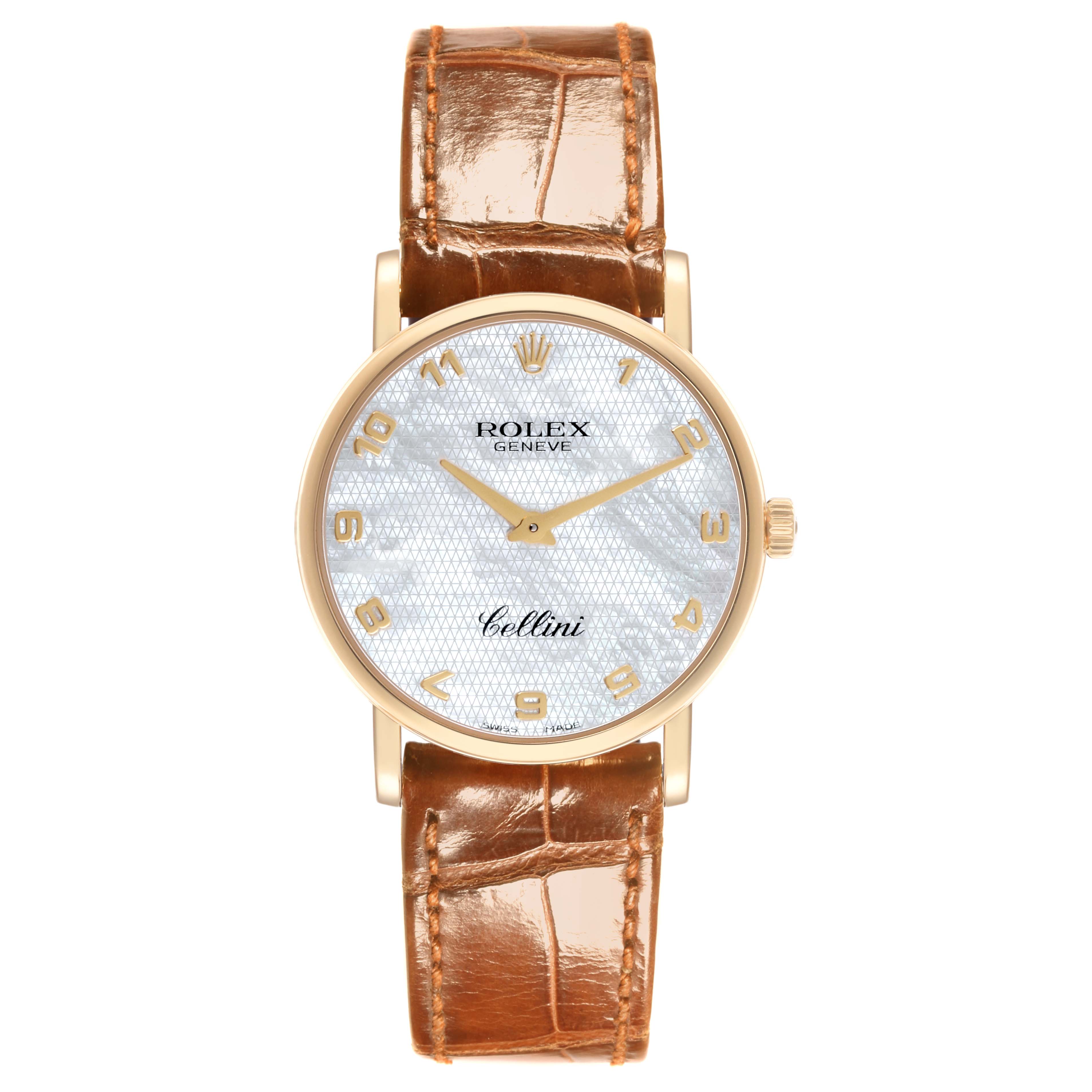 The Rolex Cellini 5115 Men's Yellow Gold Mother of Pearl Dial 5115 Men's Yellow Gold Mother of Pearl Dial watch is shown from a front angle, displaying the dial, case, and brown leather strap.