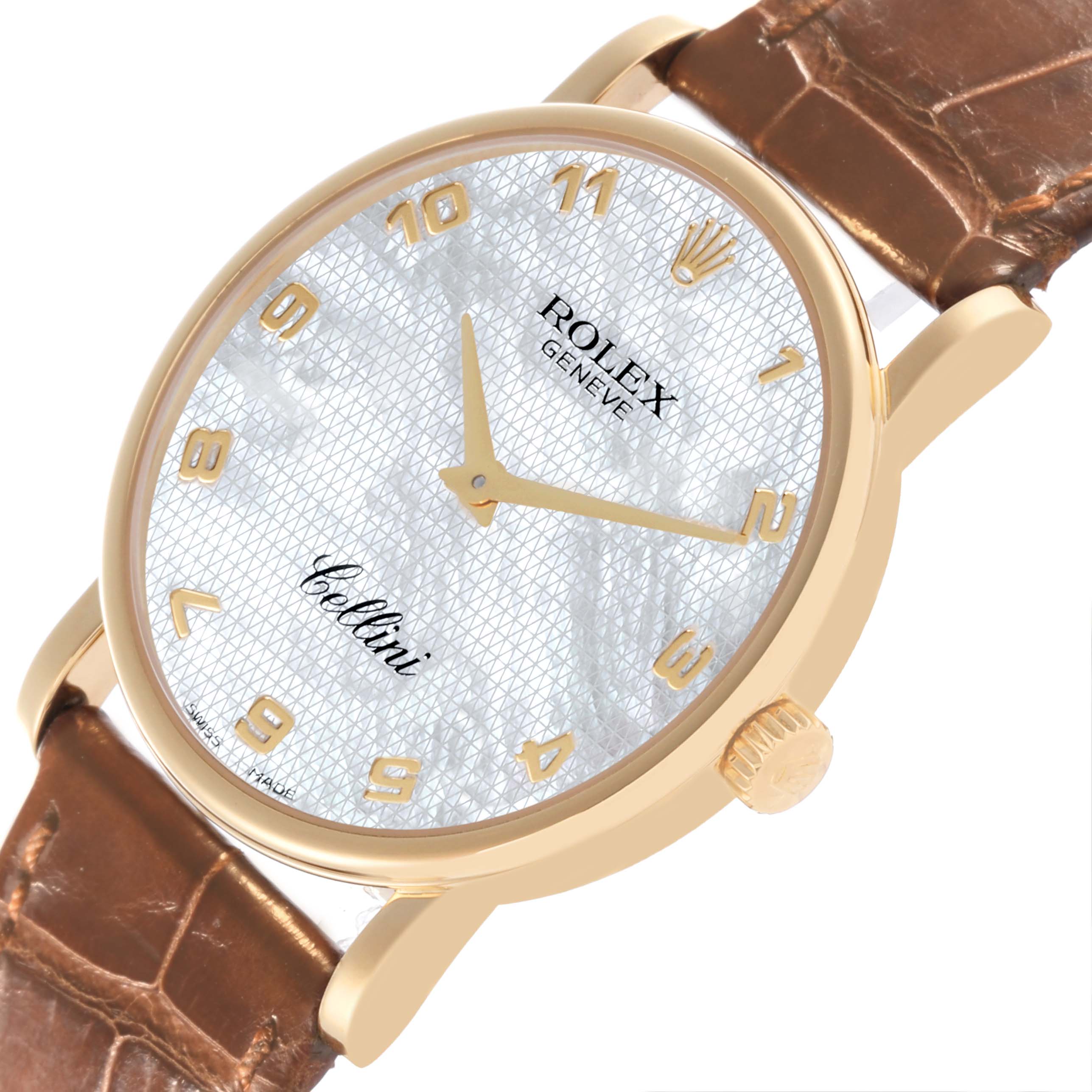 The Rolex Cellini 5115 Men's Yellow Gold Mother of Pearl Dial 5115 Men's Yellow Gold Mother of Pearl Dial watch is shown from a slight angle, highlighting the dial, hands, crown, and leather strap.