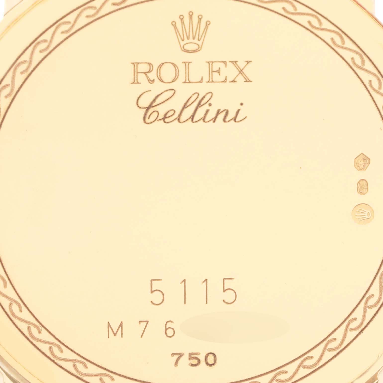 The image shows the back plate of a Rolex Cellini 5115 Men's Yellow Gold Mother of Pearl Dial 5115 Men's Yellow Gold Mother of Pearl Dial watch with model details and hallmarks.
