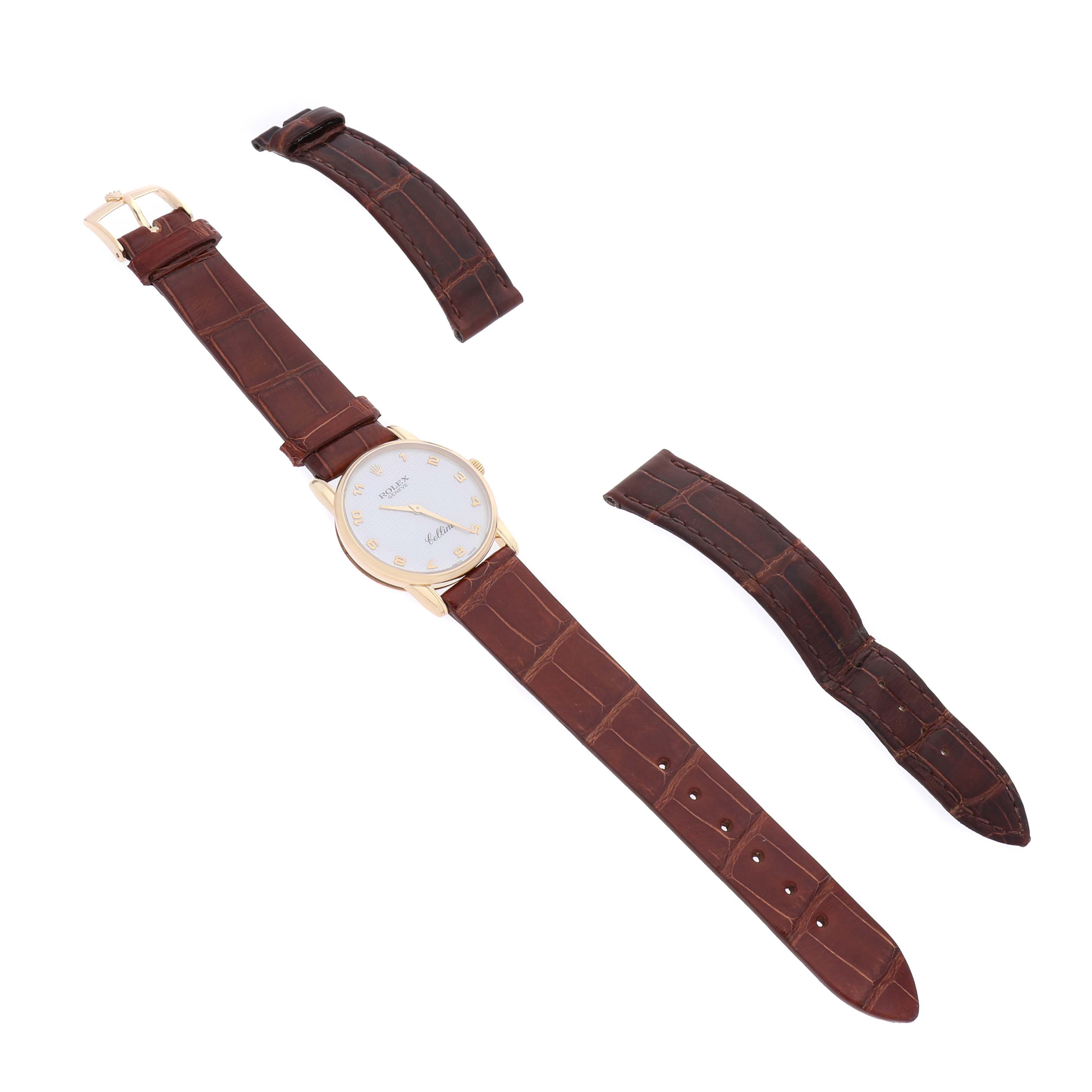 The Rolex Cellini 5116/8 Men's Yellow Gold Mother of Pearl Dial watch is shown from above with one full strap attached and two additional strap pieces beside it.