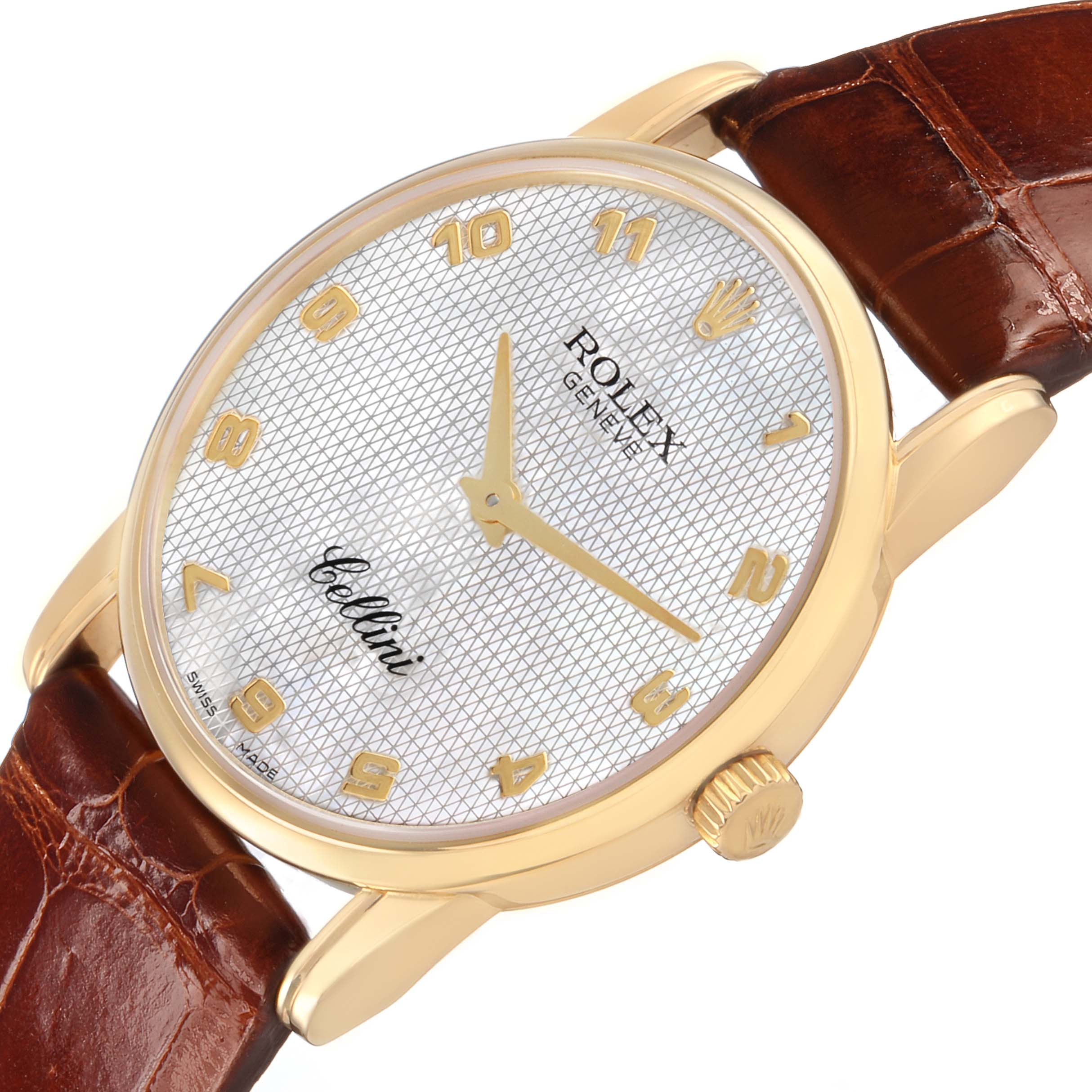 The Rolex Cellini 5116/8 Men's Yellow Gold Mother of Pearl Dial watch is shown at an oblique angle, highlighting the dial, bezel, crown, and leather strap.