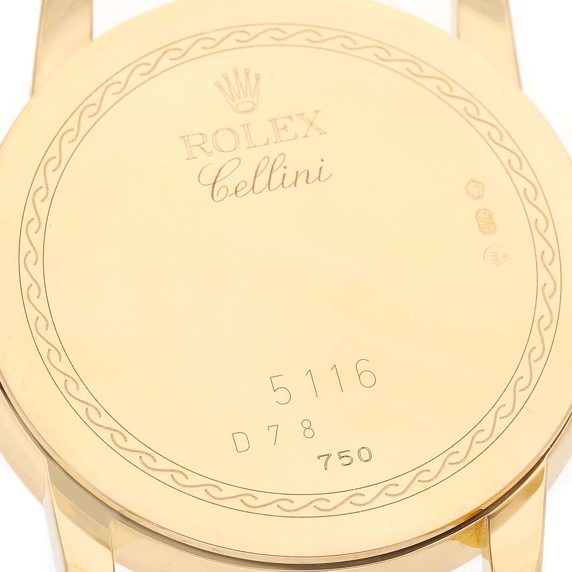 The image shows the back case of a Rolex Cellini 5116/8 Men's Yellow Gold Mother of Pearl Dial, displaying engraved branding and model numbers.