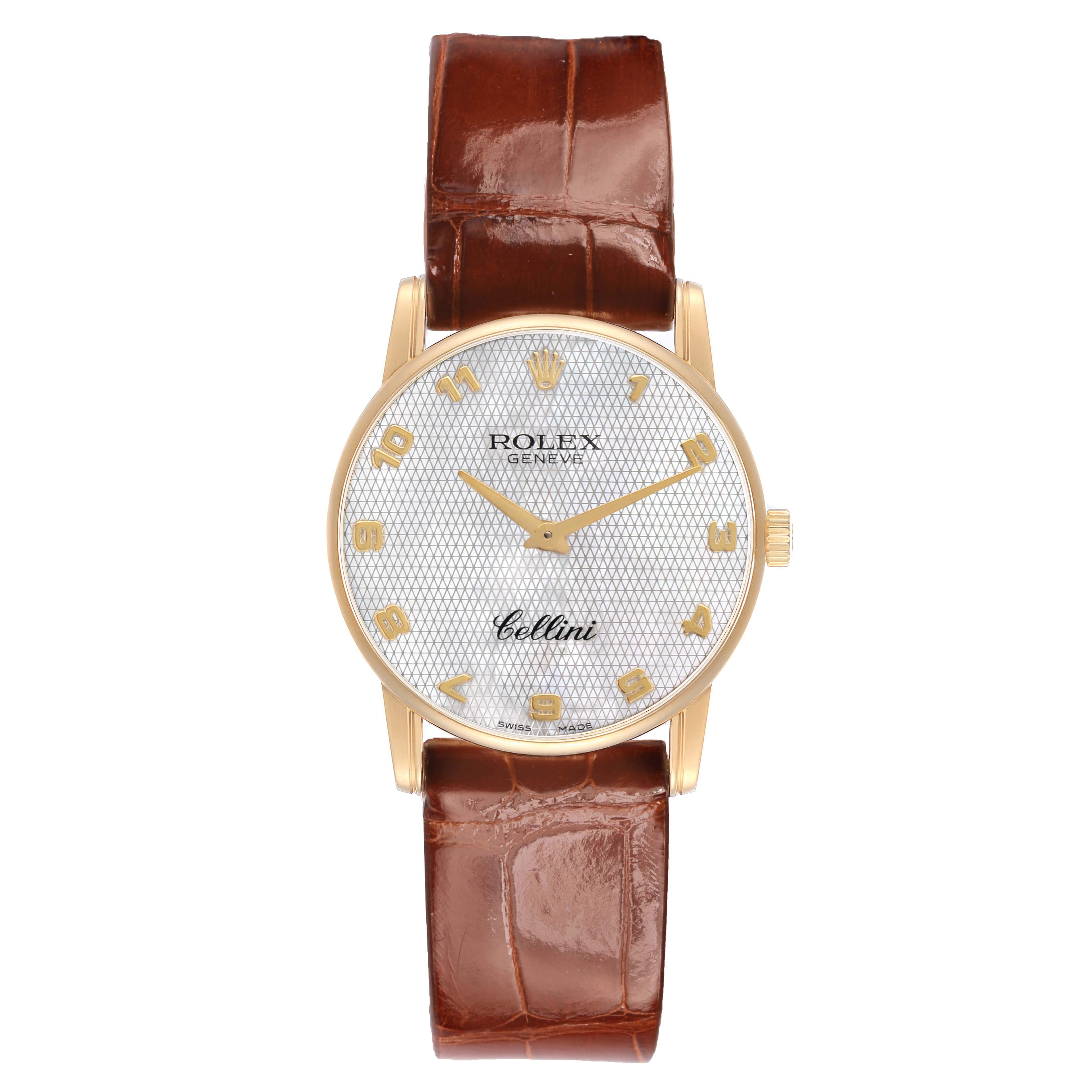 The Rolex Cellini 5116/8 Men's Yellow Gold Mother of Pearl Dial watch is shown from a front angle, displaying its dial, gold case, and brown leather strap.