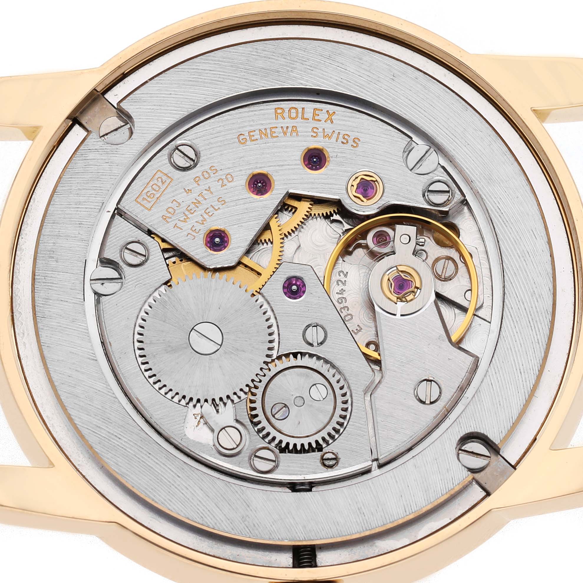 The image shows the movement of a Rolex Cellini 5116/8 Men's Yellow Gold Mother of Pearl Dial watch from a top-down angle, displaying gears and mechanical components.