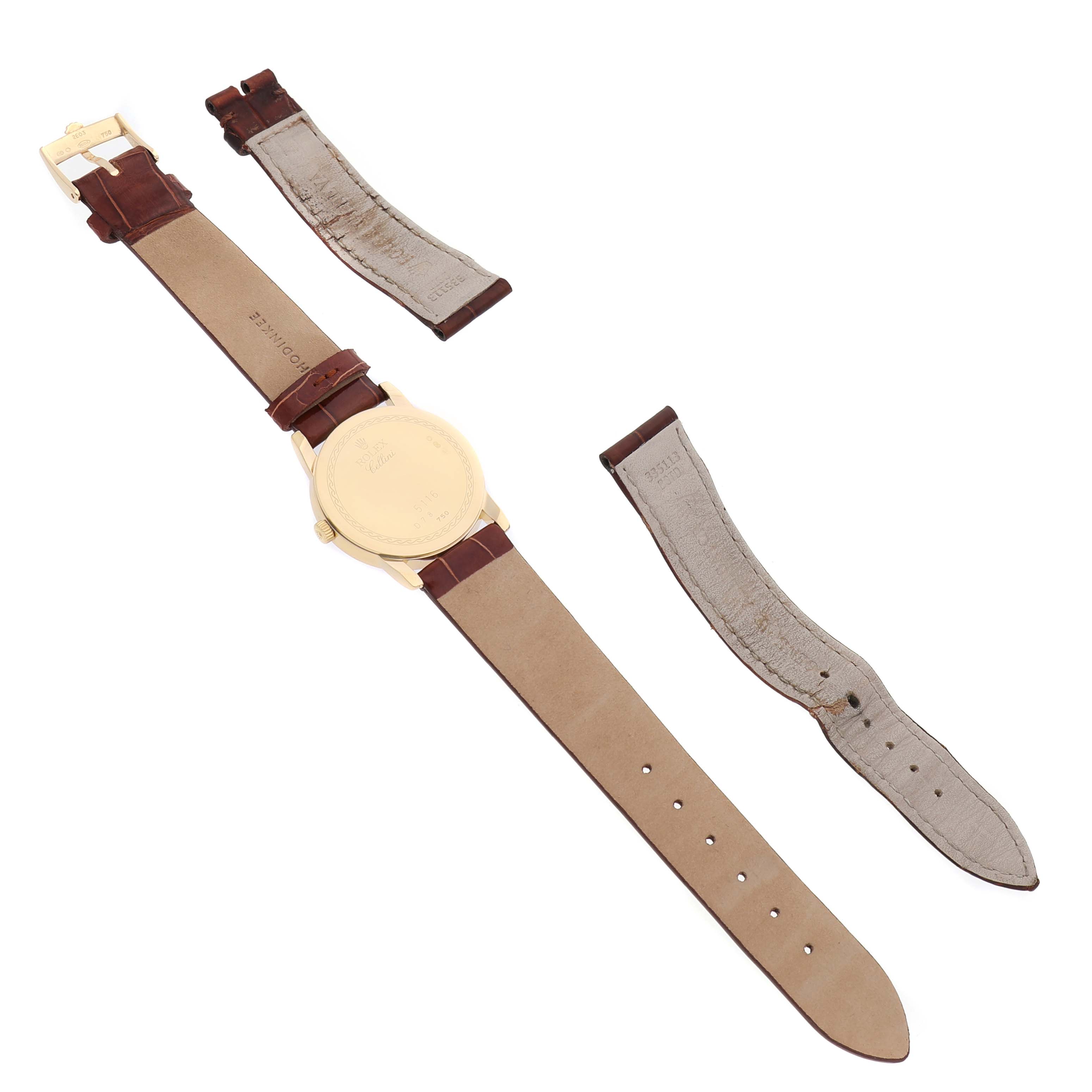 The image shows a top-down view of a Rolex Cellini 5116/8 Men's Yellow Gold Mother of Pearl Dial watch with its back case and detached brown leather straps.